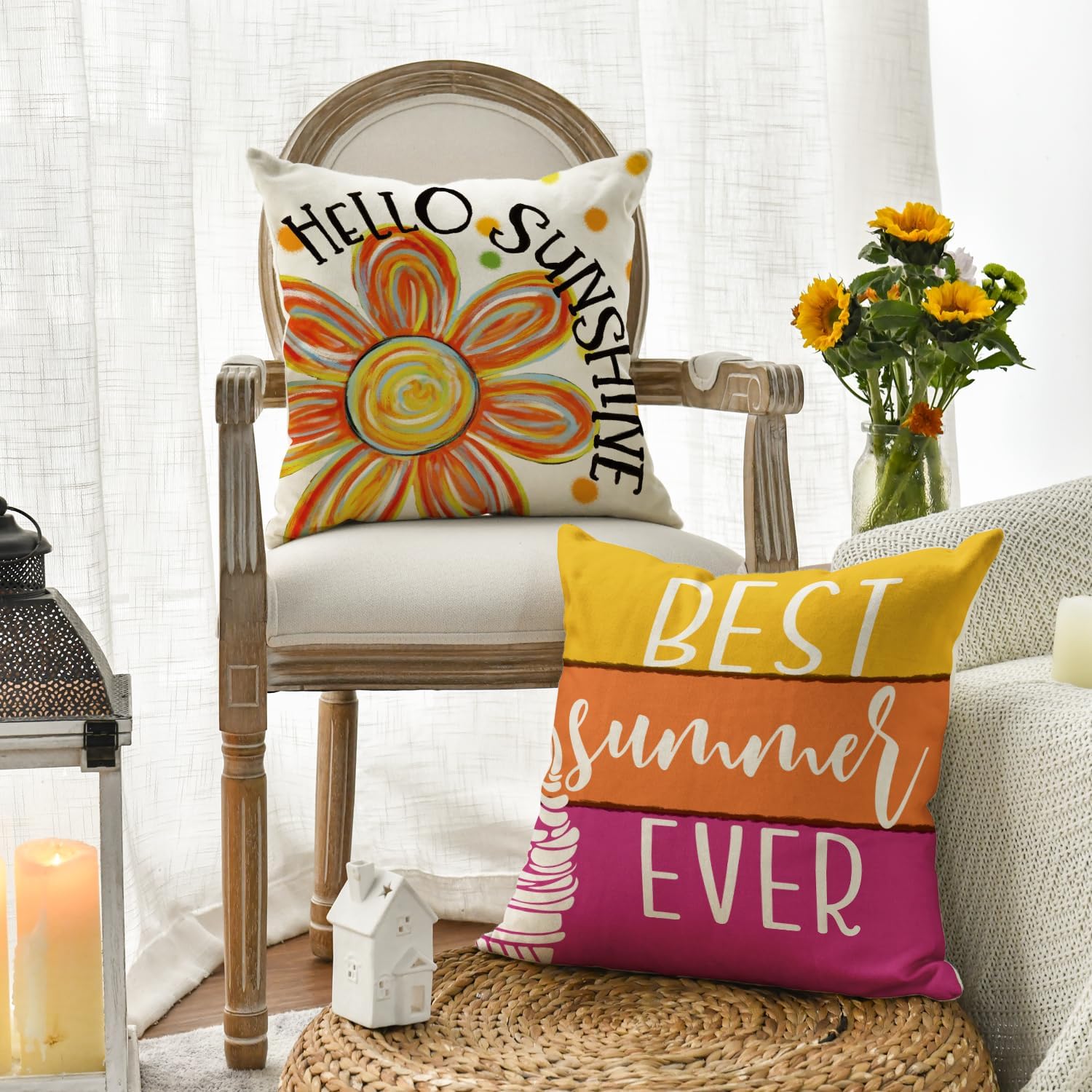 AVOIN colorlife Hello Sunshine Floral Sweet Summer Time Throw Pillow Covers, 18 x 18 Inch Popsicle Ice Cream Polka Dots Stripes Best Summer Ever Holiday Seasonal Cushion Case Decorations Set of 4 image 4