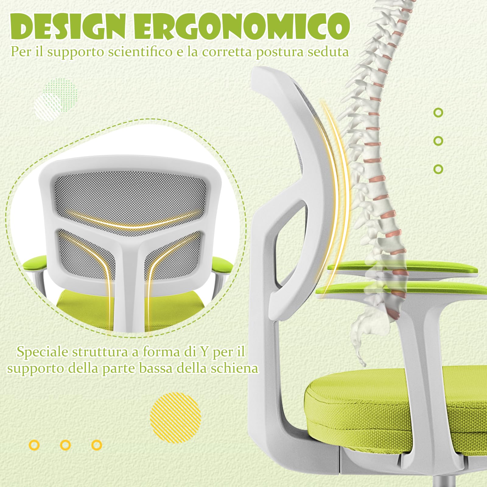 RELAX4LIFE Silla Escritorio Infantil con Altura Ajustable 40-54cm y 5 Ruedas Universales, Silla Escritorio Giratoria con Respaldo y Reposabrazos Ergonómicos para Niños 3-10 Años, Carga 150kg (Verde)
