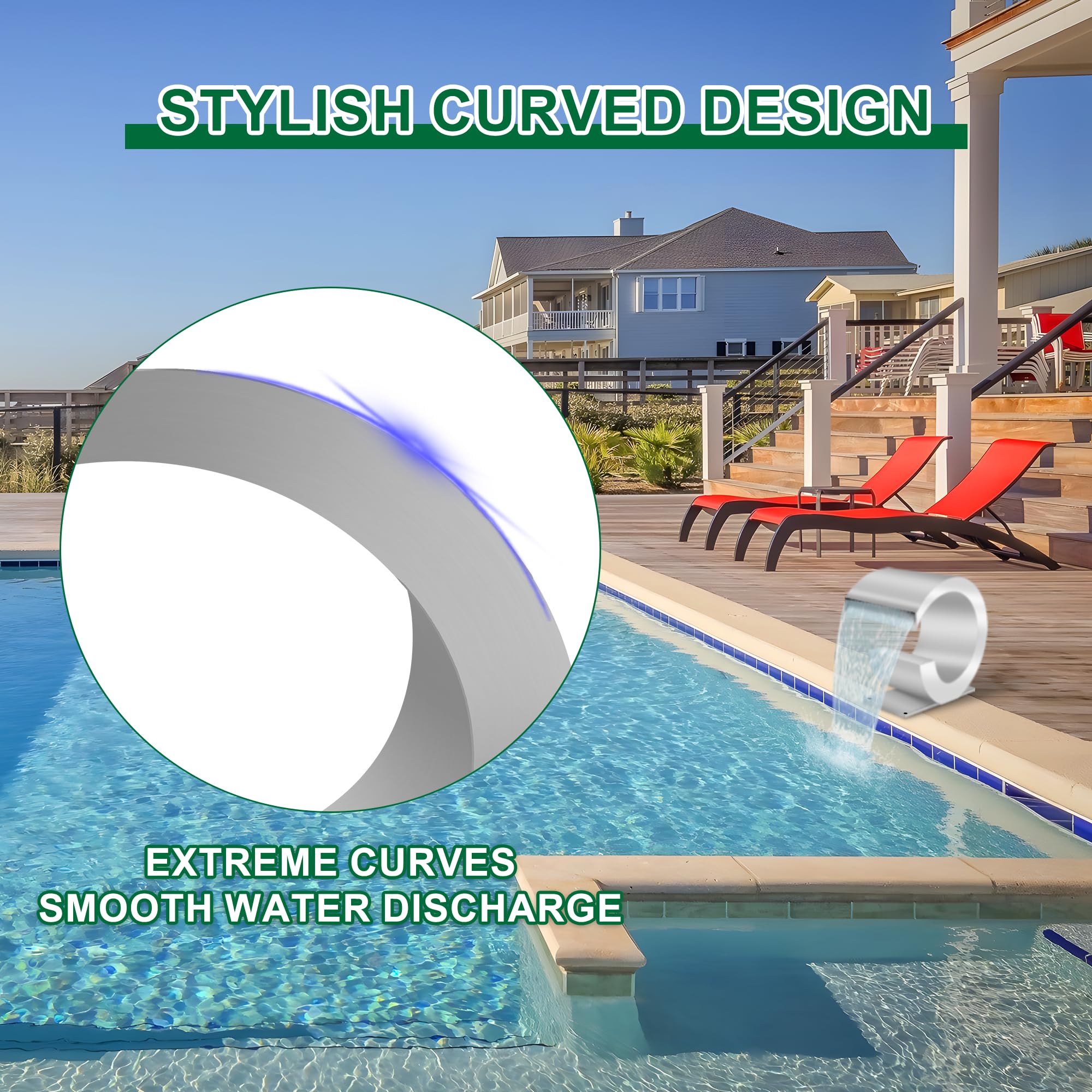 Fuente de piscina de acero inoxidable curvada, LONGRUNNEW con accesorios y cascadas de estanque J, kit para jardín, patio o piscina, 34,5 cm de altura