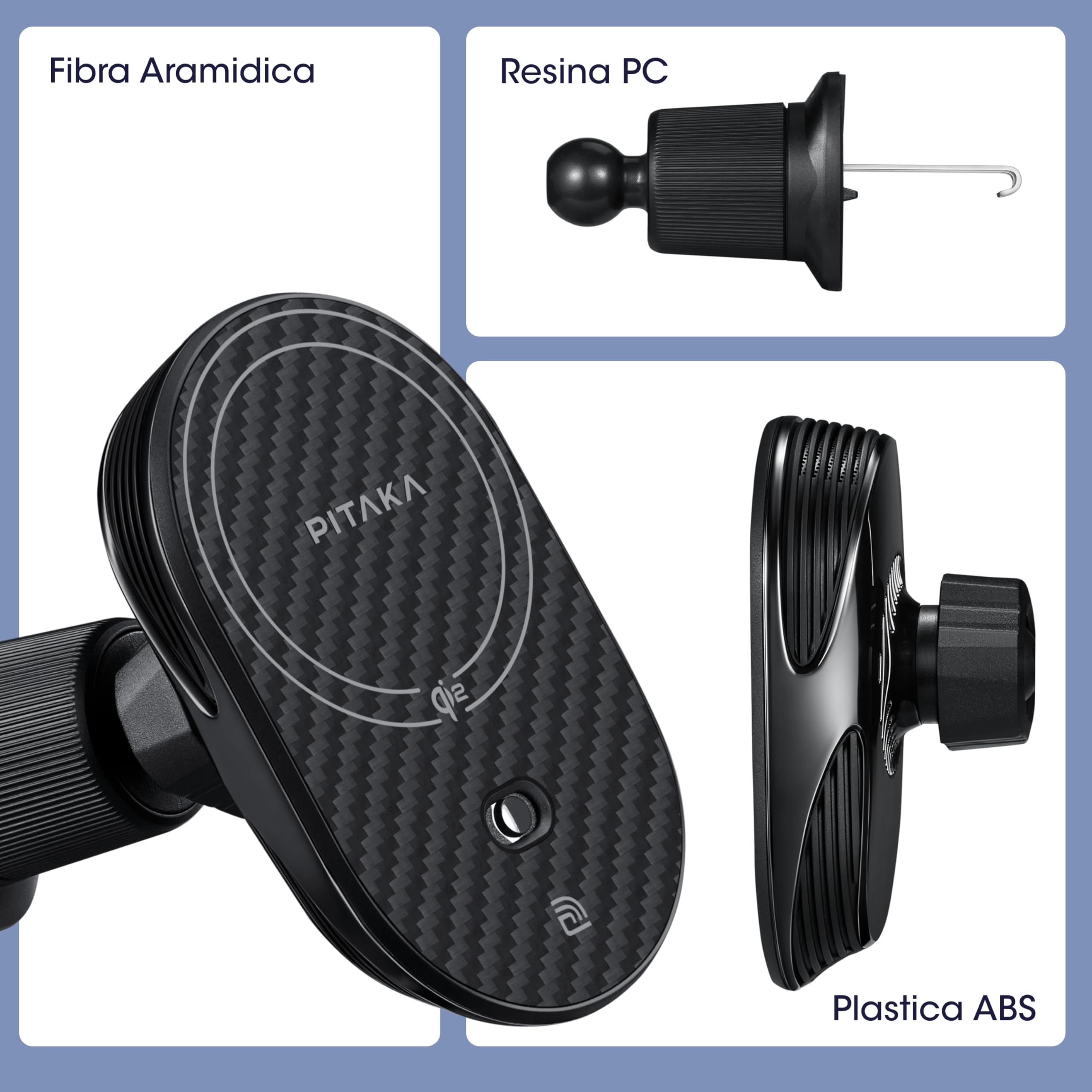 pitaka Qi2 Supporto Magnetico per Telefono da Auto con Funzione di Ricarica 15W Caricabatterie da Auto Ruotabile a 360° Caricabatterie Wireless [MagEZ Car Mount Pro 2] Pinza a Doppio Gancio