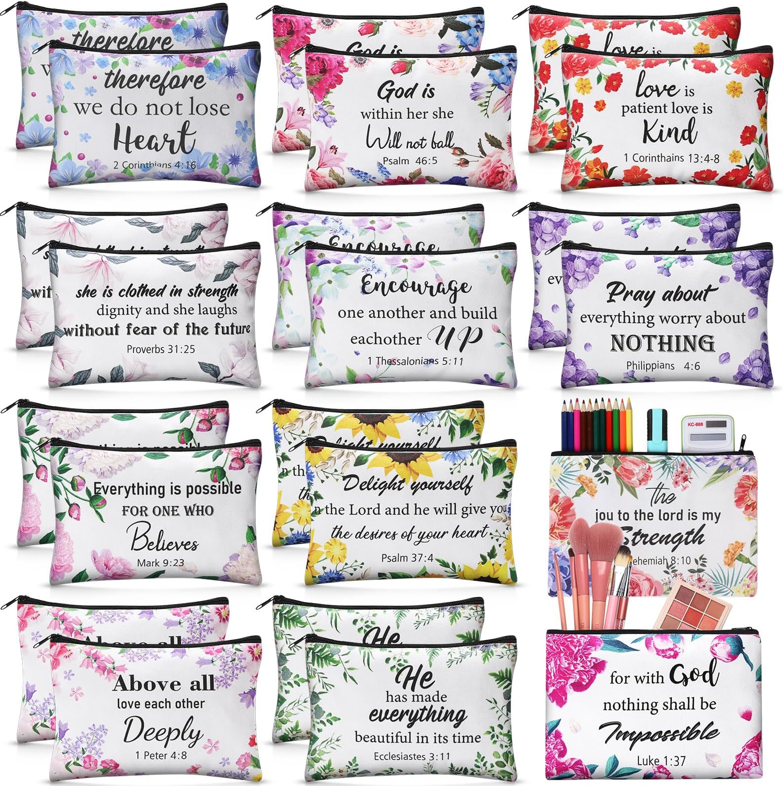 Qeeenar 24 Pcs Christian Makeup Bag Floral Bible Cosmetic Bags Inspirational Bible Verse Toiletry Pouches Canvas Motivational Bag with Zipper for Kids Adult Organize Cosmetics Toiletries Stationery