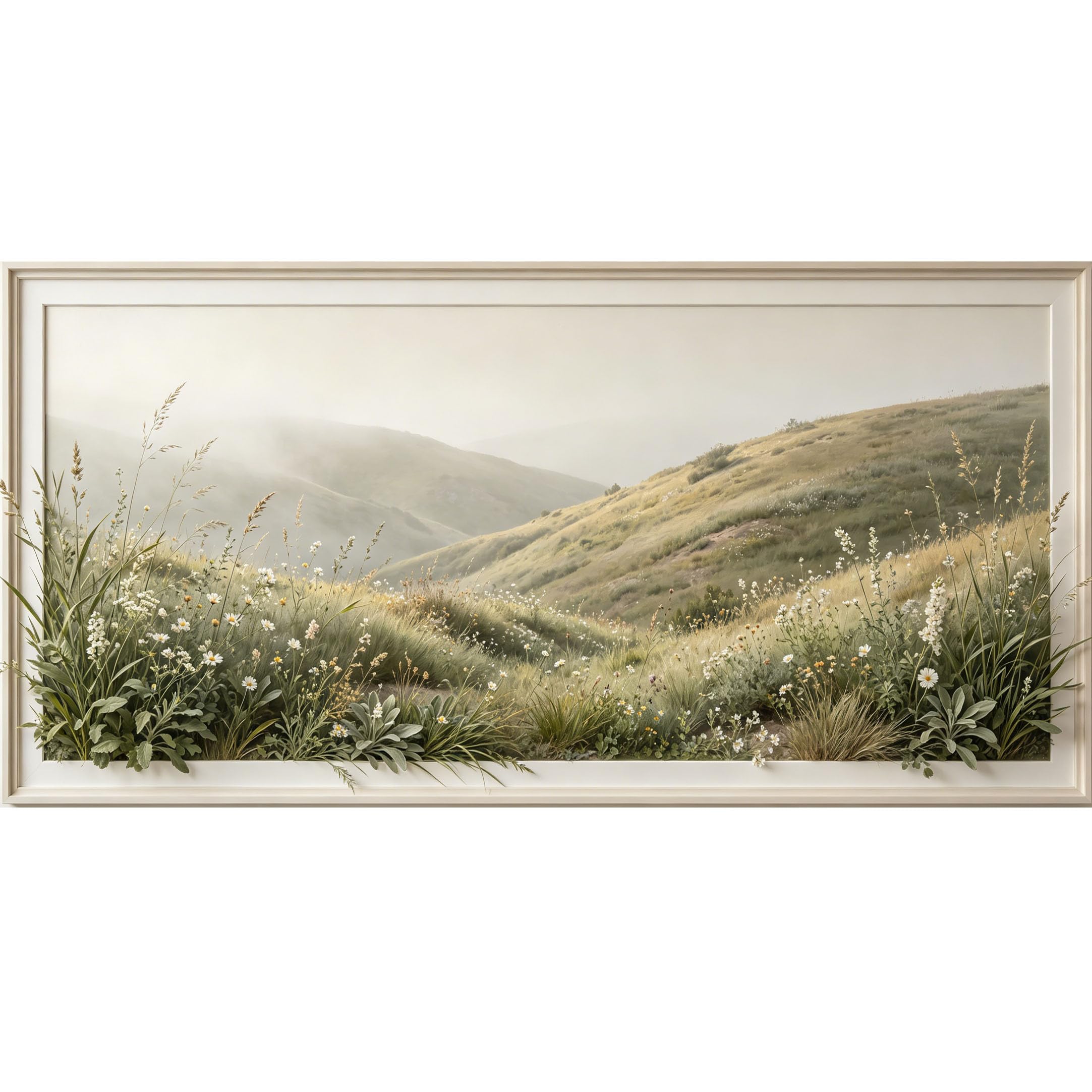 Agglomerix 3D Framed Wall Art Misty Mountain Meadow Landscape Watercolor Wildflowers Aesthetic Large Size SelfAdhesive Removable Wall Decor Prints Artwork for Living Room Bedroom Office