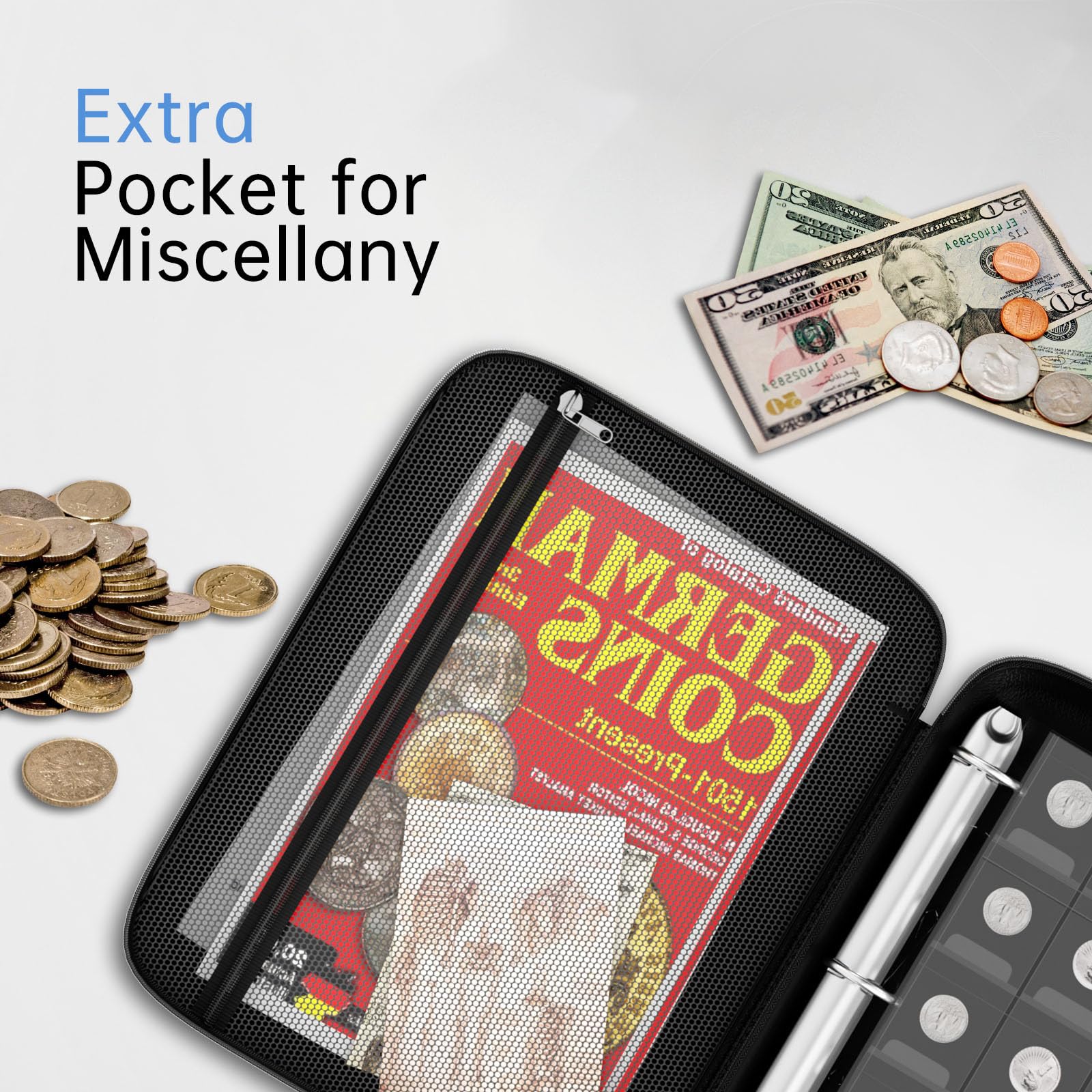 Coin Collection Album with Lock,350 Pockets Fireproof Hard Coin Collection Book&36 Sleeves Currency Collection Binder Storage for up to 45mm Coins(Quarter),Bill,Stamp,Postcard-Black