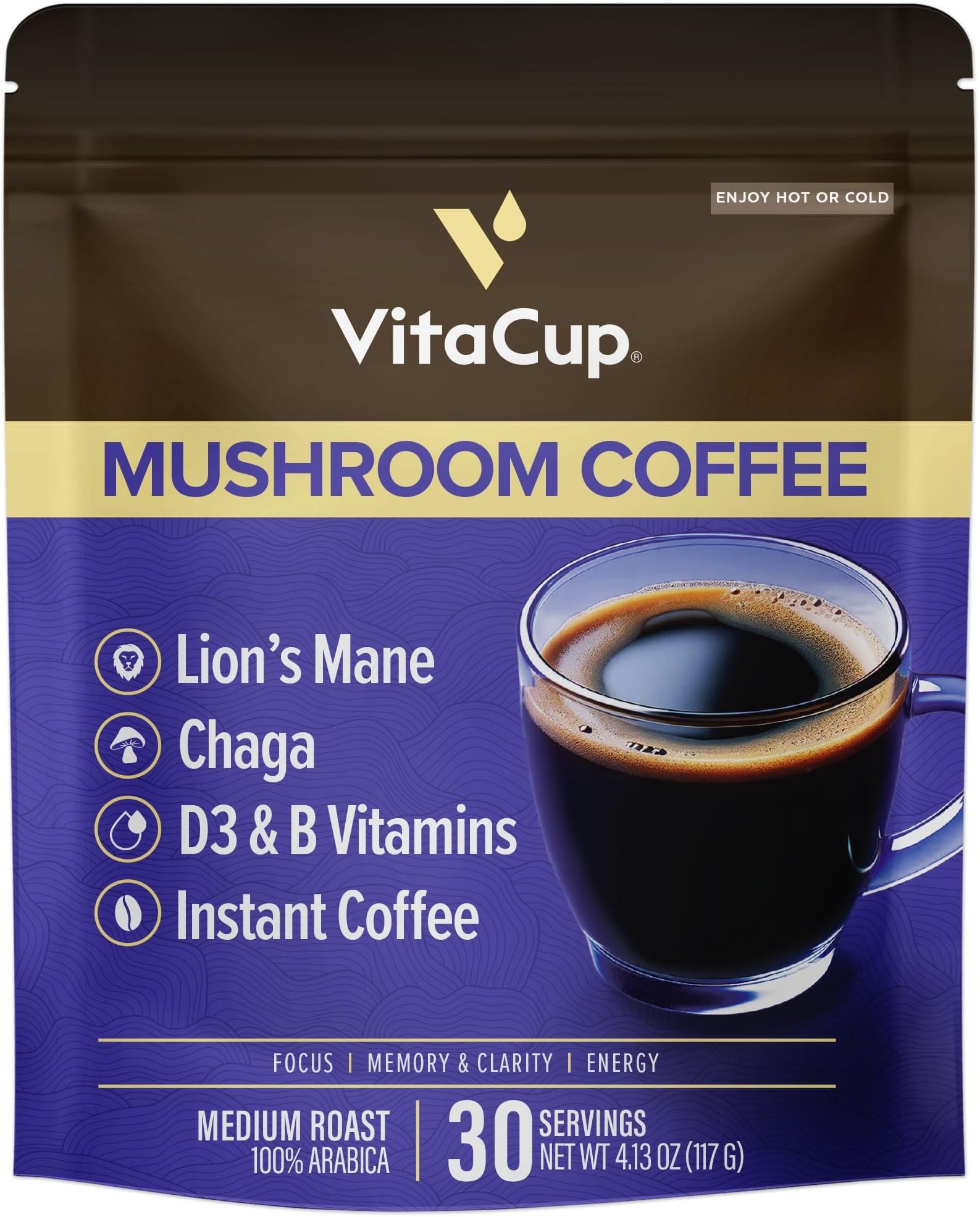 VitaCup Focus Mushroom Instant Coffee | For Memory & Clarity Support | with Fiber, Chaga, Lion’s Mane | D3 & B Vitamins | Medium Roast 100% Arabica & Robusta Instant Coffee | 30 Servings