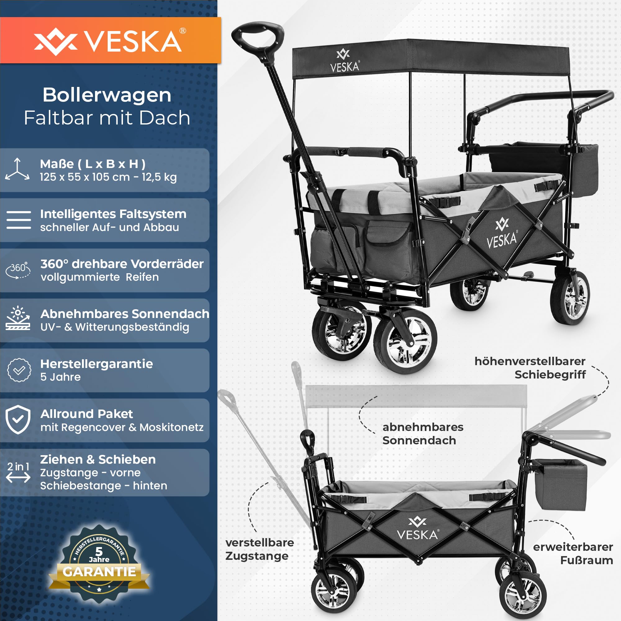 Bollerwagen faltbar mit Dach, Moskitonetz, Regencover, Handwagen Transportwagen | 2 Sitzer, Gurtsystem | klappbar | Vollgummi-Reifen | bis 80 kg | Vorder- und Hinter-Bremse + Tragetasche (anthrazit)