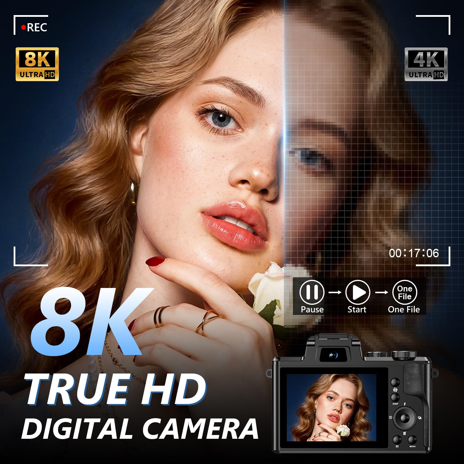 The Aboobu 8K Digital Camera kit, showcasing its compact size and included accessories.