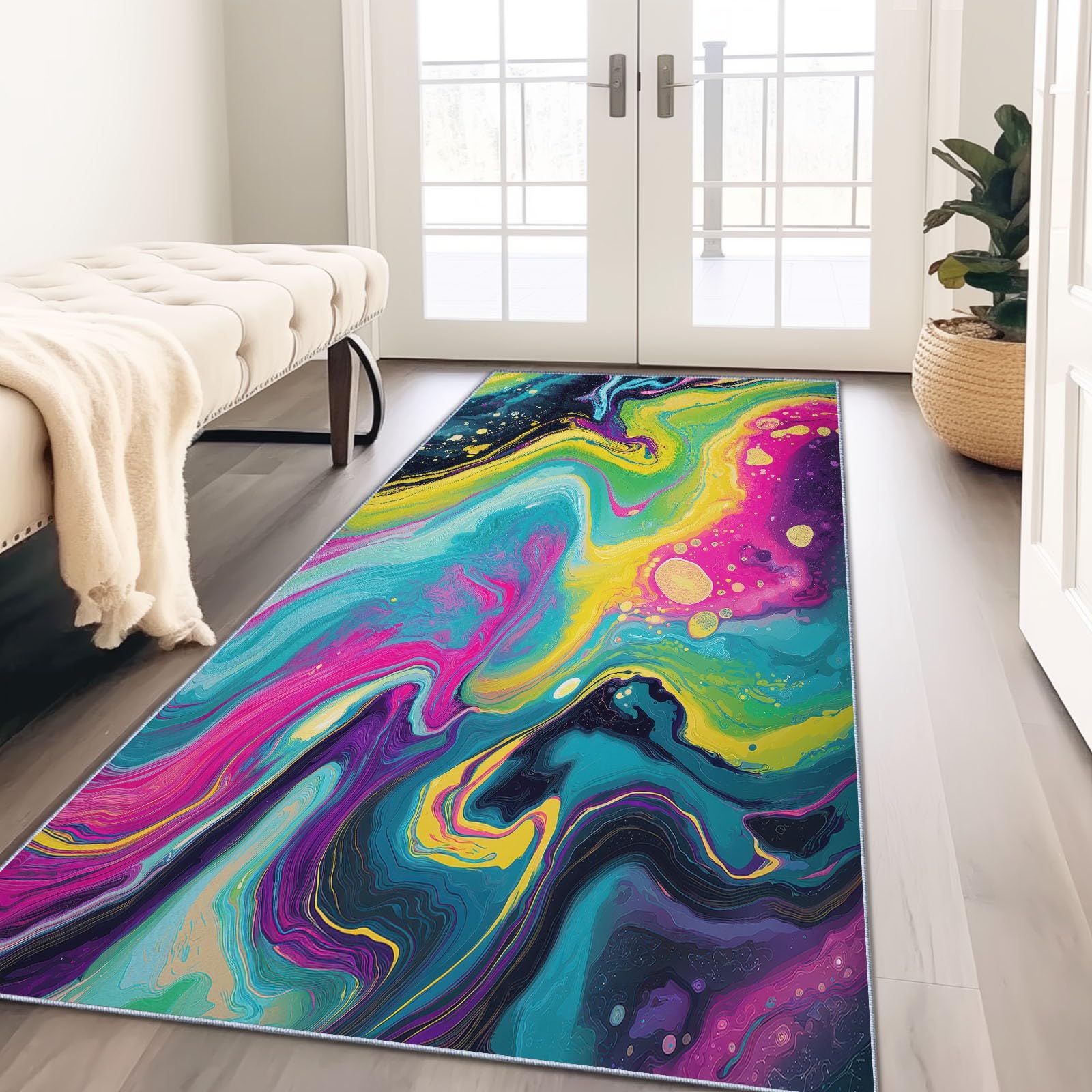 Tapis de couloir 60x150 cm bleu rose marbre à poil ras lavable