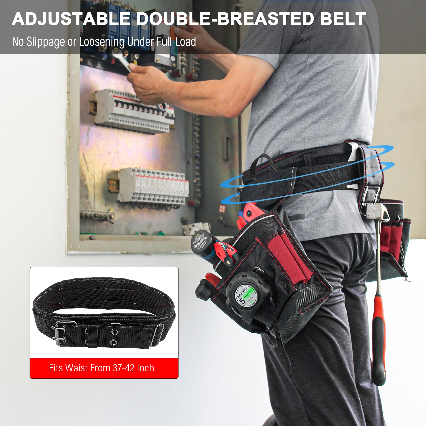 HAUTMEC HT0177 Ceinture à outils robuste pour électricien avec Oxford 1680D durable 20 poches avec sangle de taille rembourrée réglable et support pour marteau