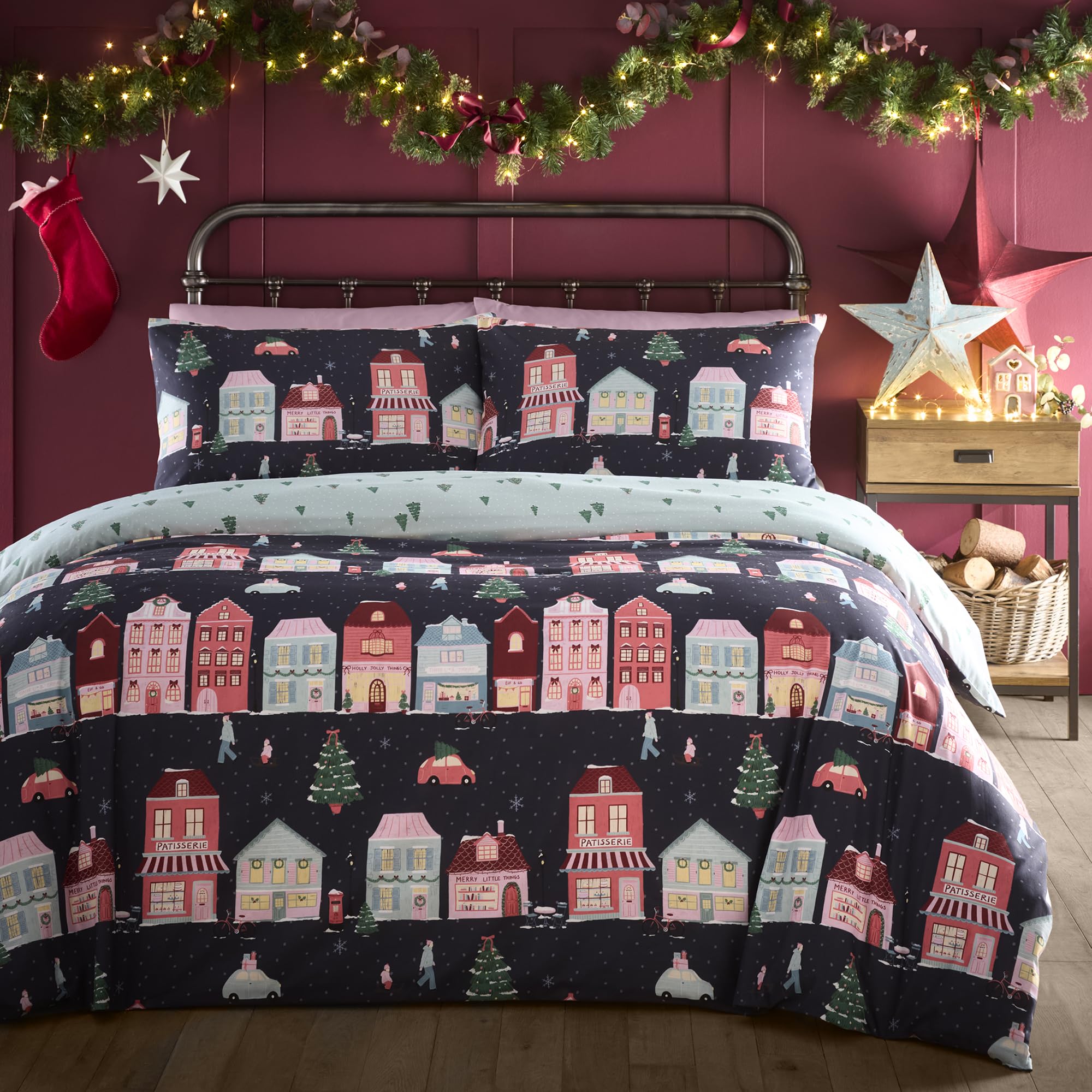 B&Q -  Christmas Houses Easy Care Navy Duvet Cover Set