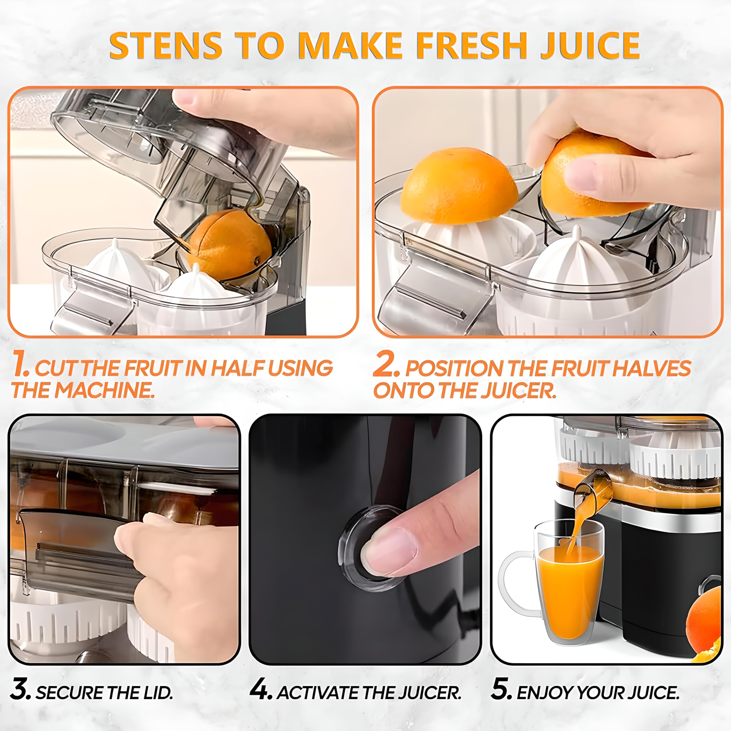 Extraits de jus d'agrumes électriques à Double tête Oranges Citrons Fast 18000RPM Moteur Silencieux Compact en Acier Inoxydable Design Maison Cuisine Café Boutique Prêt Frais Machine à jus