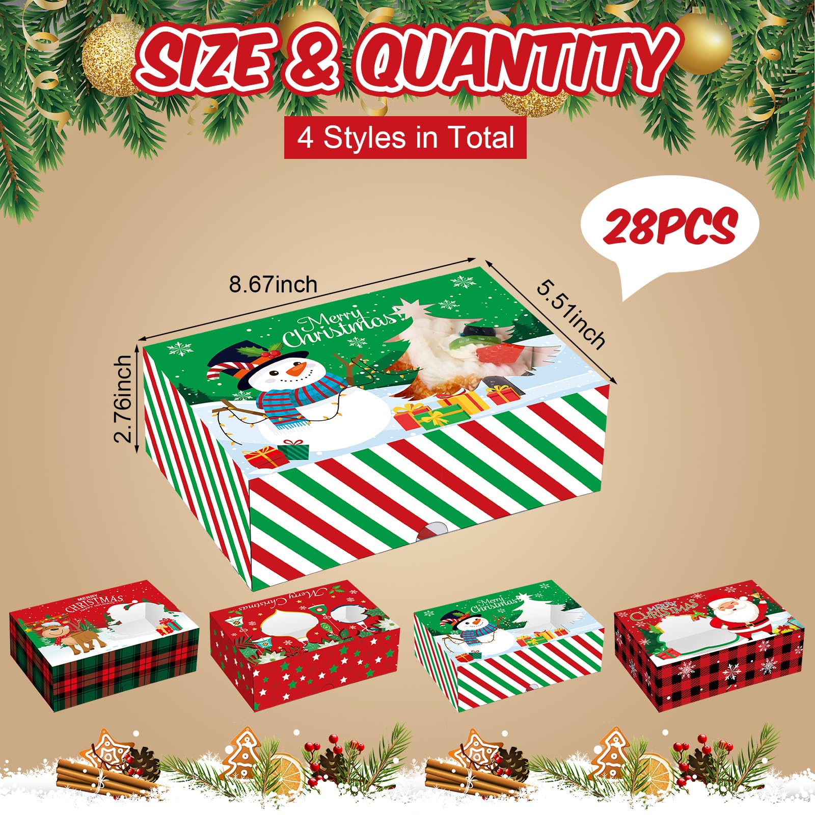Funrous Lot de 28 boîtes à biscuits de Noël avec fenêtre et couvercle - Bonhomme de neige, Père Noël, renne - Cadeau de Noël - Fournitures de décoration