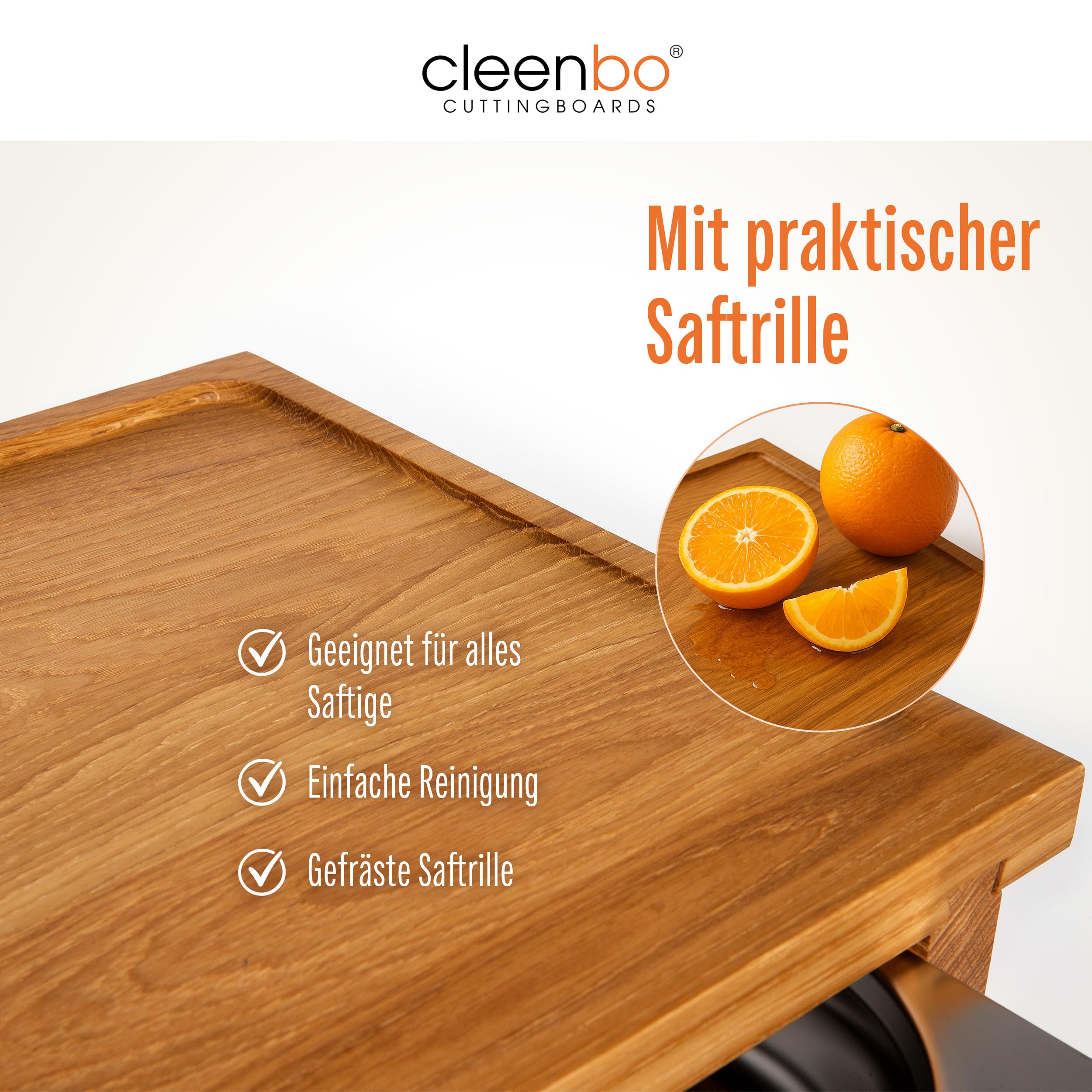 Schneidebrett Classic Oak Big bloc GN BBQ - Profi Holz Küchenbrett groß aus geölter Eiche - Hackbrett XXL mit Auffangschale - Edelstahl Auffangbehälter - Maße: 65 x 36 x 8,7 cm
