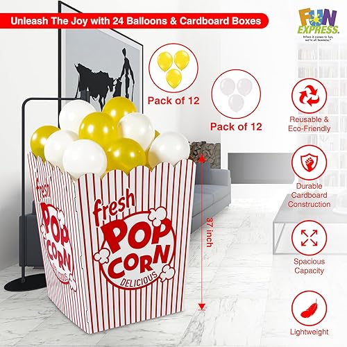 Miniatura 2 de Fun Express Caja gigante de palomitas de maíz con soporte de cartón 3D, decoraciones nocturnas de cine para fiesta de teatro, diseño de rayas rojas