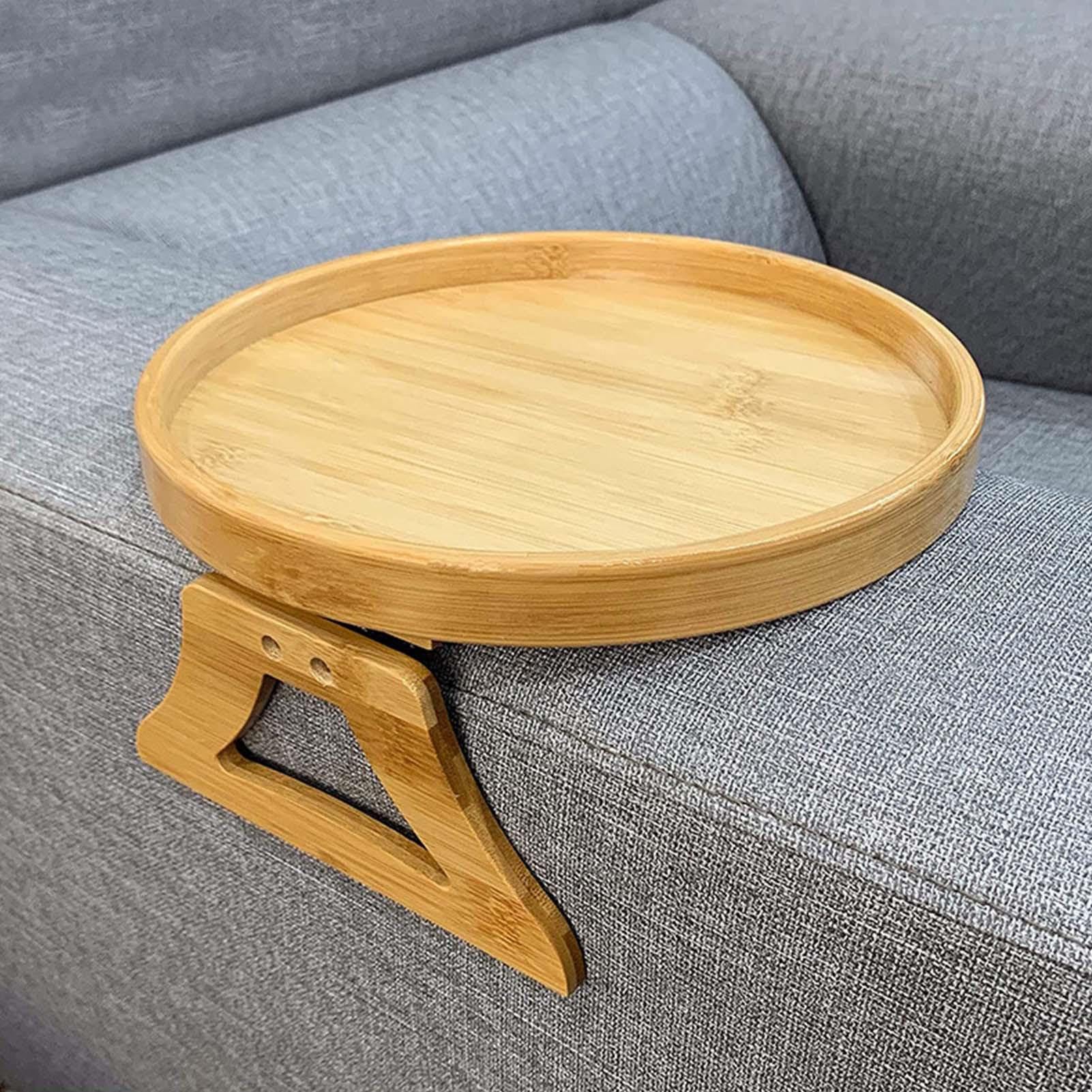 Bandeja de madera portátil para sofá, con clip, para aperitivos y bebidas, soporte para reposabrazos amplios, bandeja redonda para fácil acceso, ideal para aperitivos, bebidas y relajación