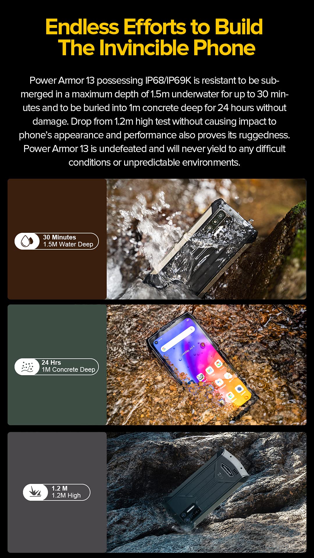 Ulefone Power Armor 13 Smartphone Incassable, Batterie 13200mAh, Mesure Distance Infrarouge, 6,81’’ 48MP Caméra, Android 11 Etanche IP68 Telephone Debloque, Helio G95 8Go 256Go, Charge sans Fil NFC