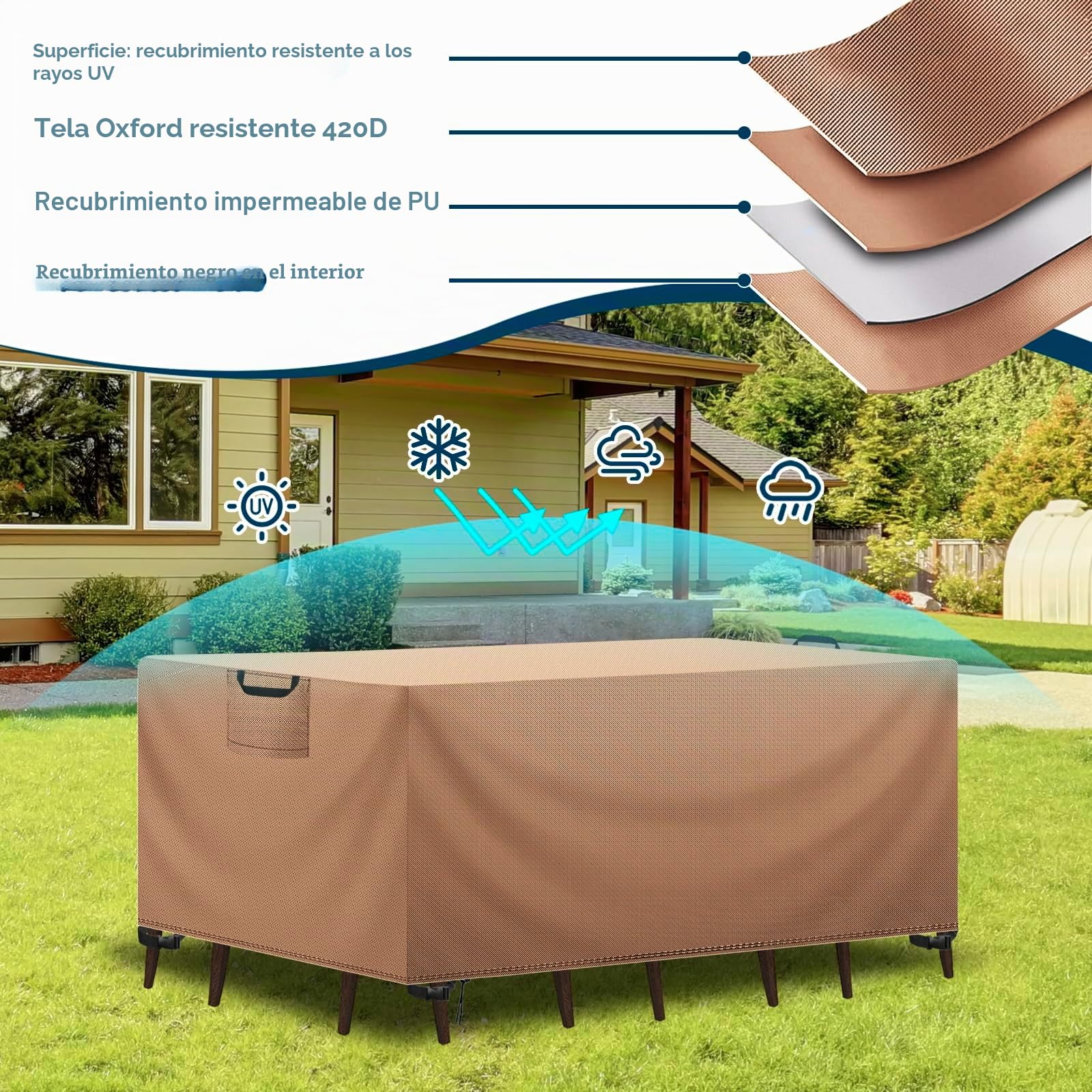 Funda Mesa Exterior Impermeable, Funda para Muebles de Jardín, Cubierta para Muebles de Jardin Tela Oxford 420D Anti Viento Anti UV Funda Protectora Mesa Exterior, Caqui,180x120x74cm