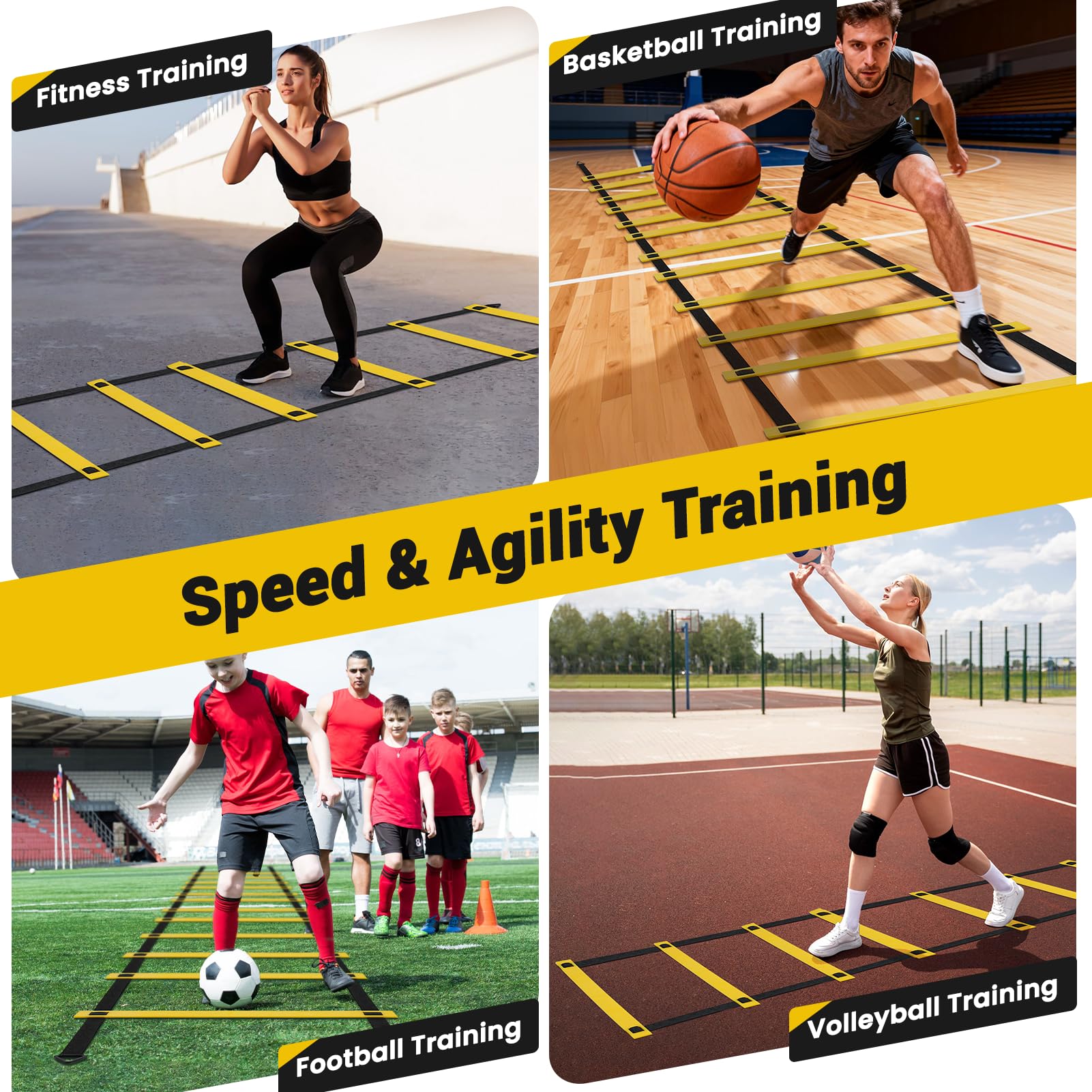 Kit Entrenamiento Futbol Juego Escalera de Agilidad 6 m 12 Peldaños con 12 Conos, 4 Estacas, Paracaídas en Marcha, Fútbol Kick Throw Trainer para Niños y Adulto para Entrenamiento - 5