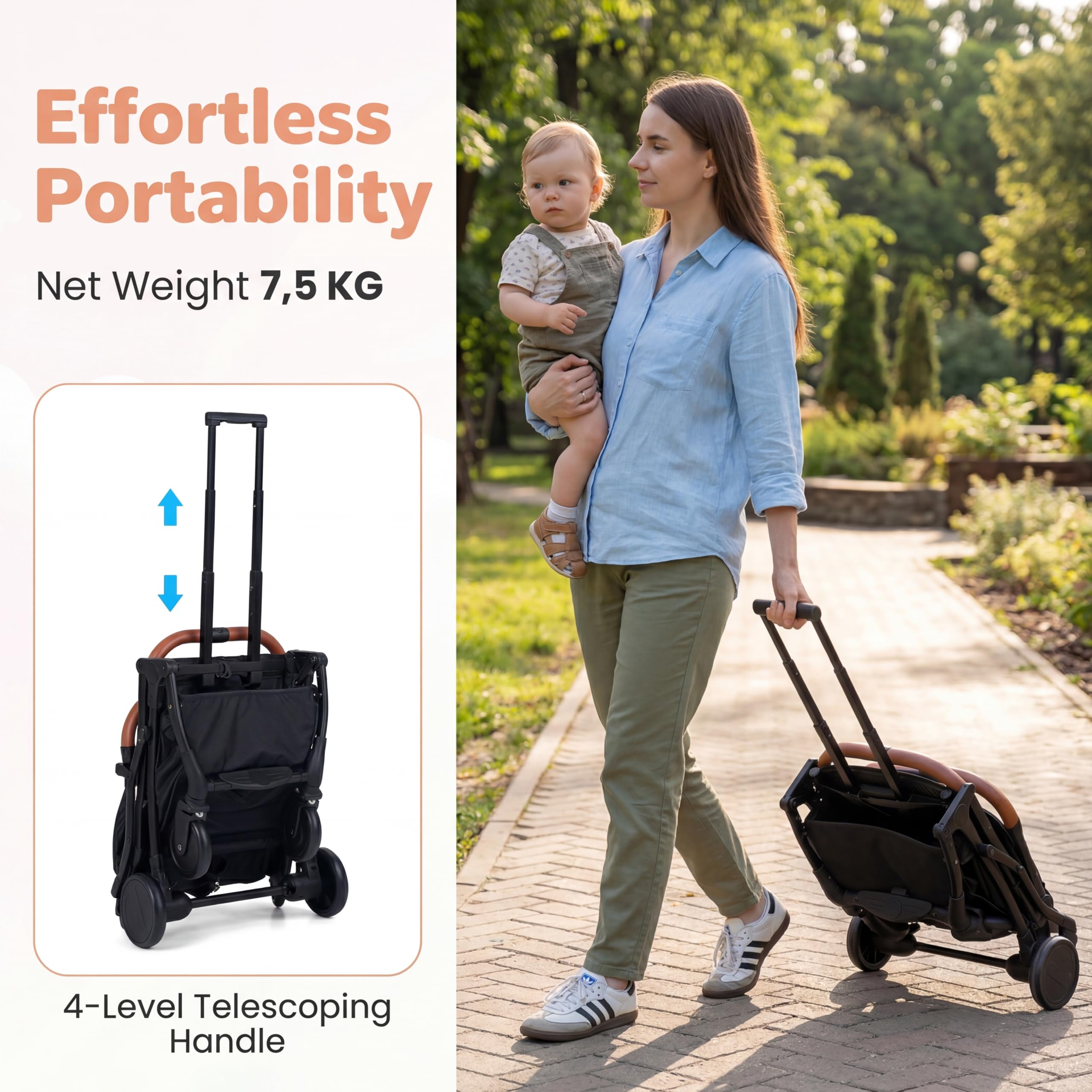 GIANTEX Passeggino Leggero per Bambini e Neonati, Passeggino Pieghevole e Portatile con Ruote, Schienale Regolabile, Tettuccio, Cintura di Sicurezza, Cesto e Copertura Antipioggia (Nero)
