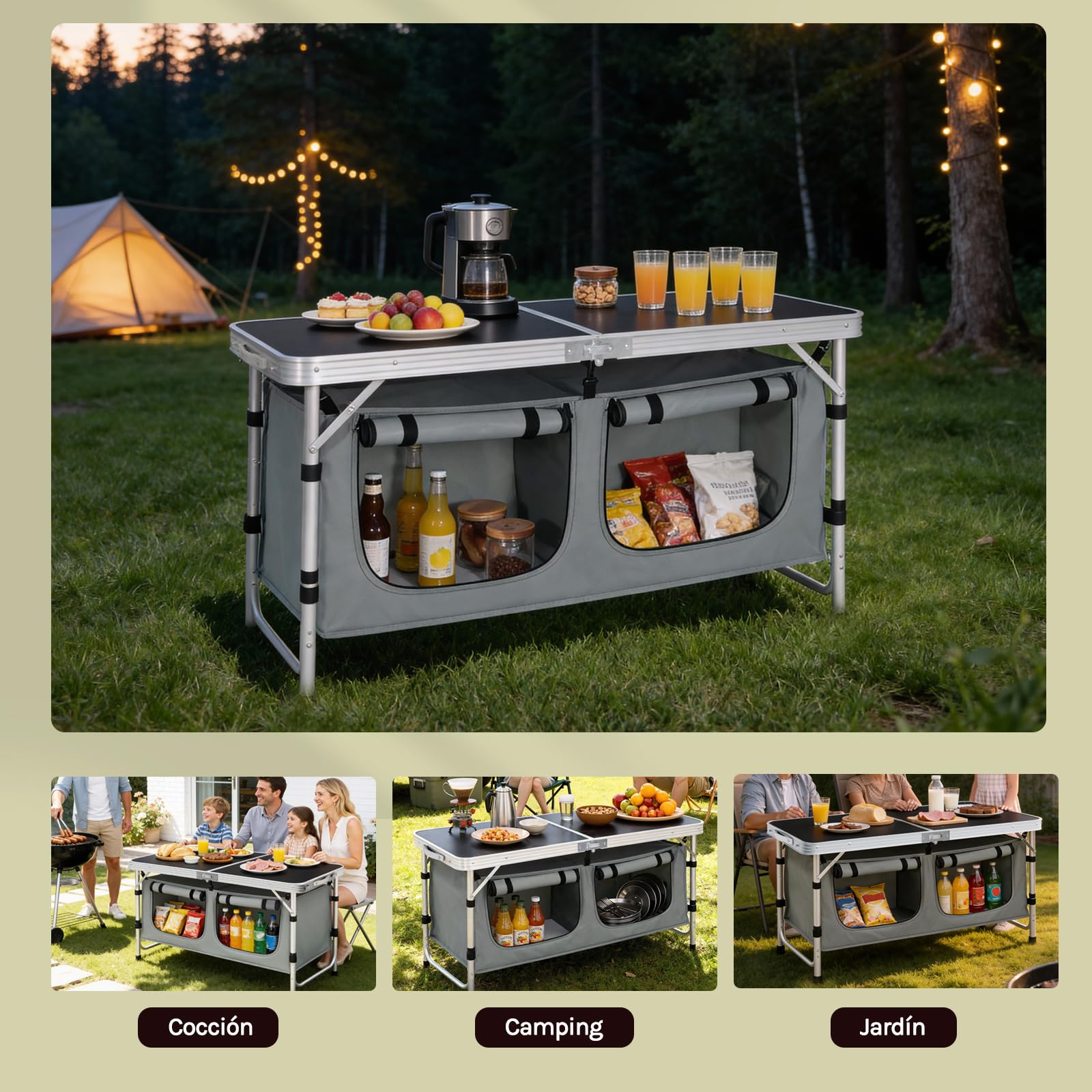 WOLTU Mesa de Camping Cocina de Acampada Málaga Mesita Plegable de Aluminio, Mesas de Picnic Altura Ajustable 120x47x62/69.5 cm, Negro+Gris