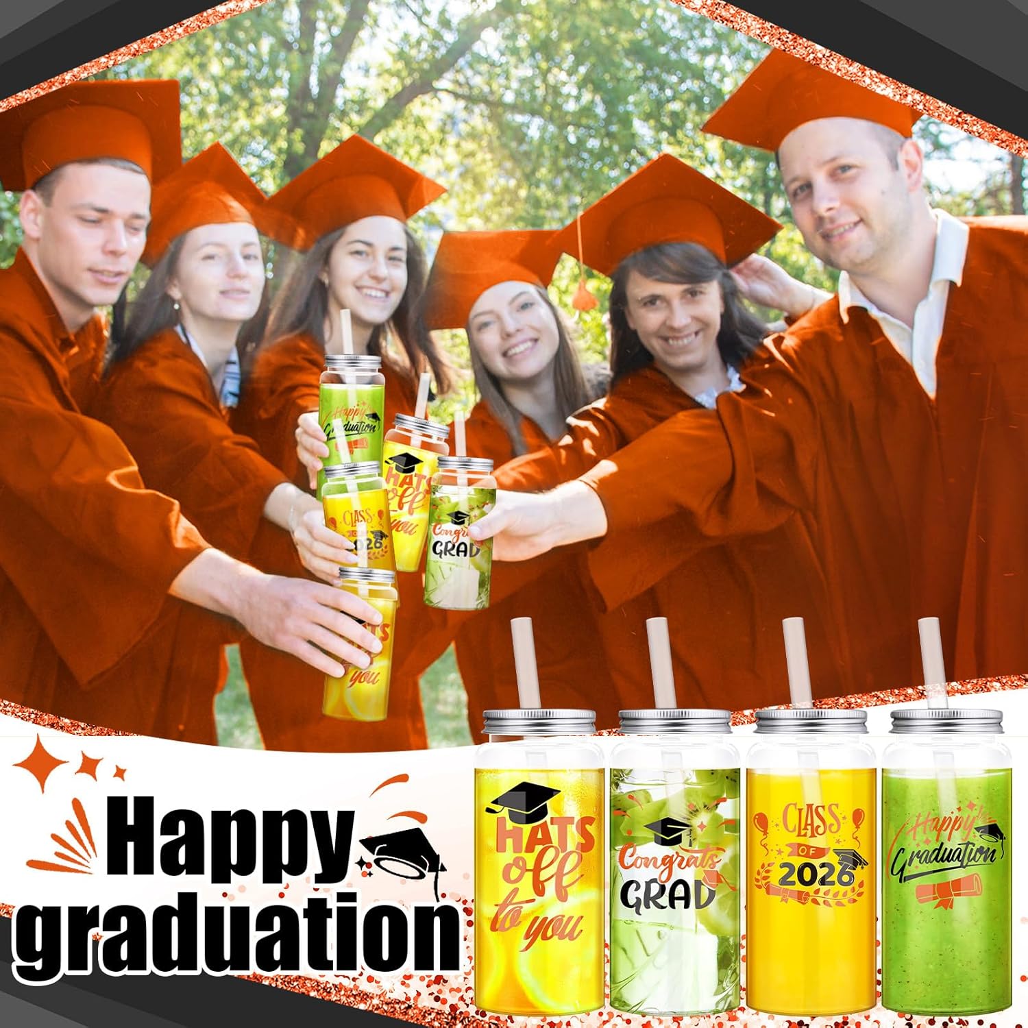 24 Pcs Graduation Cups with Straws Bulk 13.5 oz Class of 2026 Plastic Mason Jars Reusable Tumbler Coffee Tea Hot Cocoa Beverage Happy Graduation Tumbler for Congrats Grad Party Gifts(Orange)