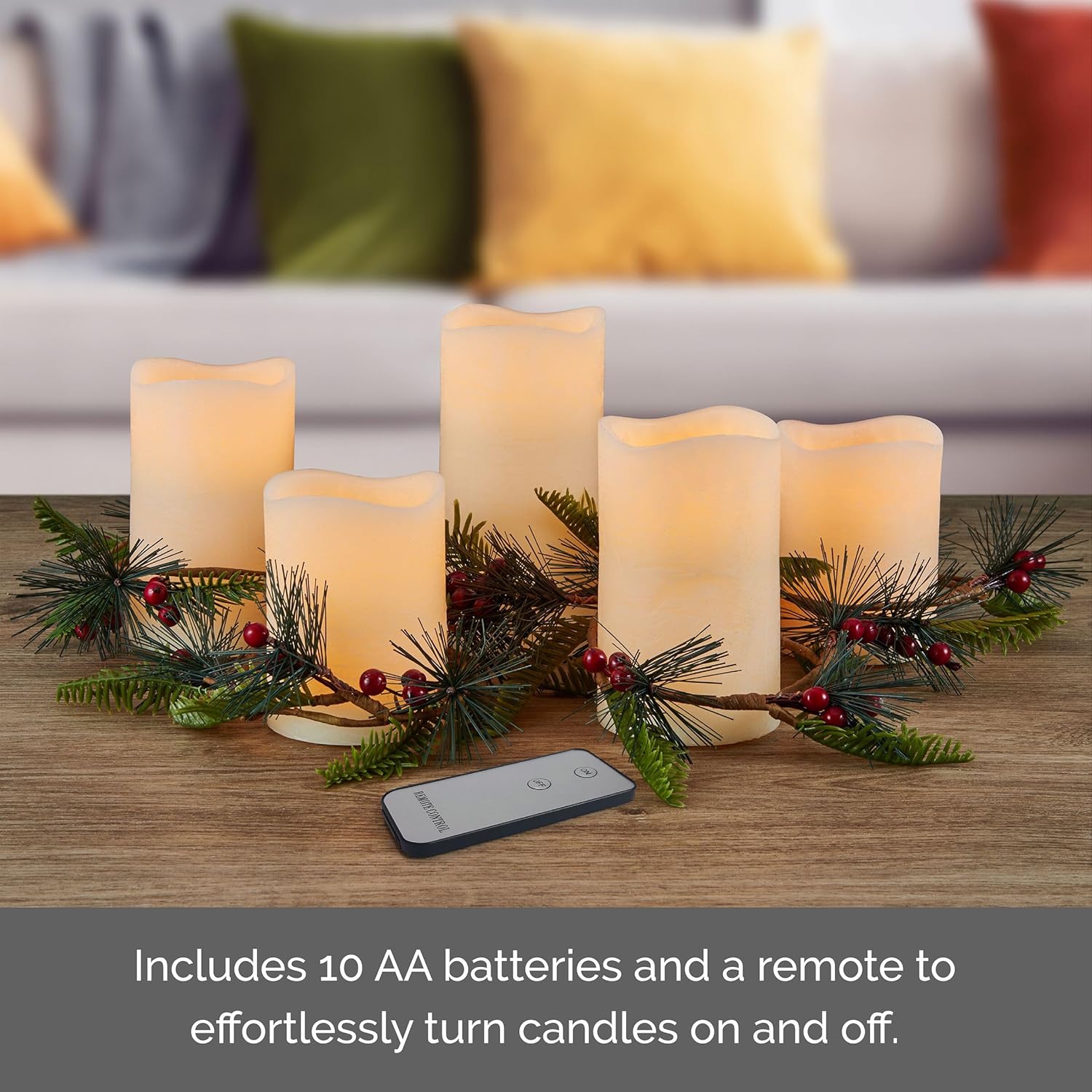 Elements Set of 5 Ivory LED Pillar Candles with Holiday Artificial Greenery Garland