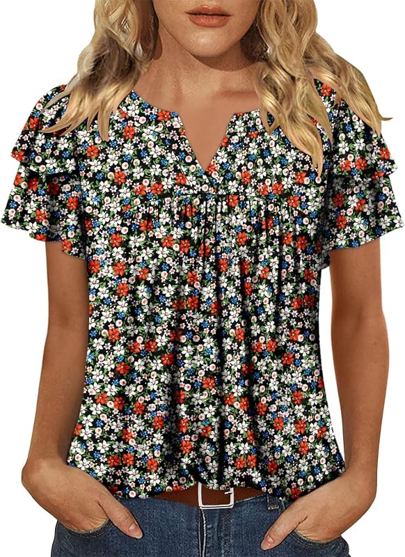 BETTE BOUTIK Womens Crewneck Short Sleeve Summer Tops Pleated Tunic Shirts S-3XL
