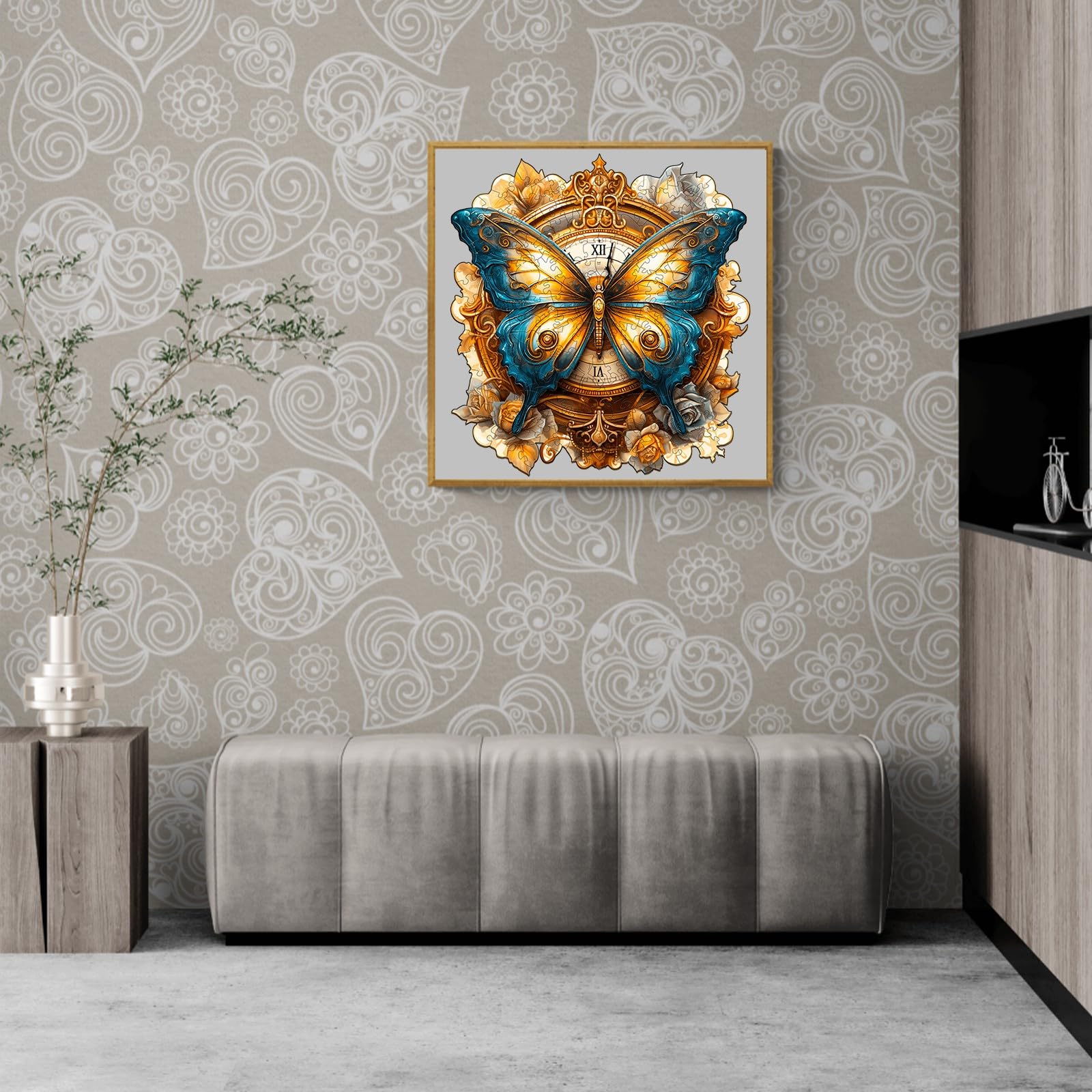 Puzzle in legno per adulti, 270 pezzi, orologio a farfalla, 34 x 31,7 cm, puzzle in legno, irregolare e unico, a forma di animale, con confezione regalo in legno