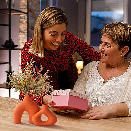 Miniatura 6 de Juego de 2 jarrones de cerámica naranja mate para flores, decoración rústica del hogar para sala de estar, centro de mesa, decoración estética