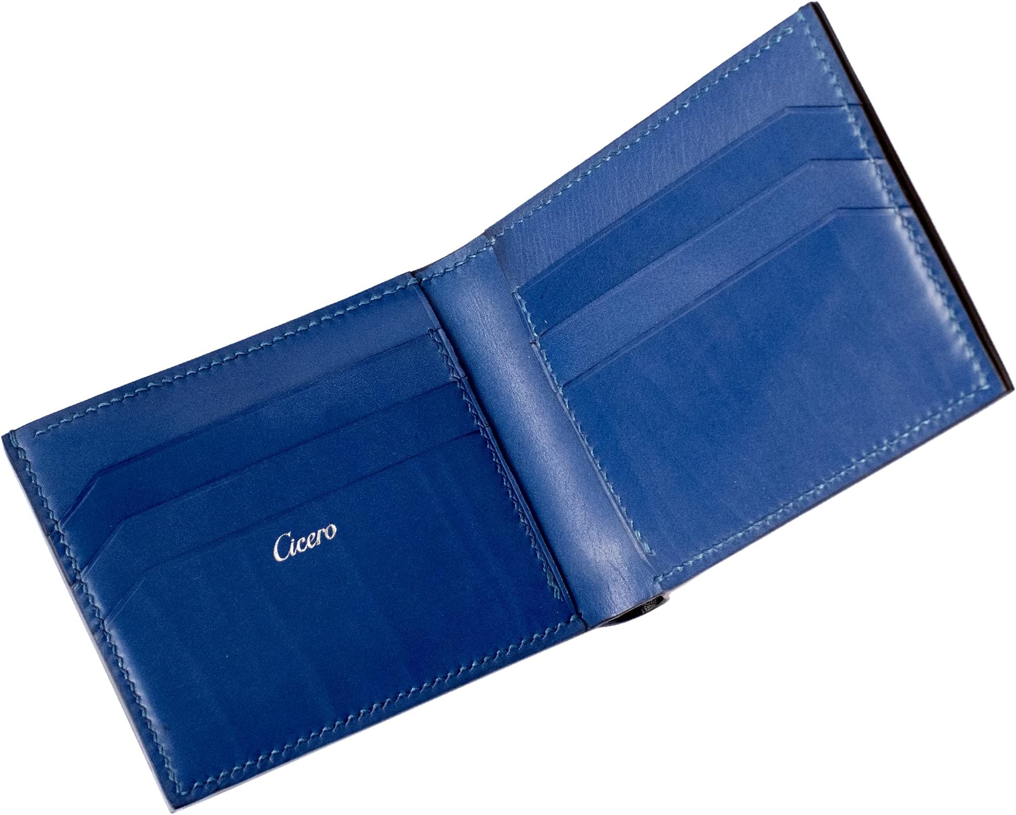 Men's Leather Wallet Bifold Hand Stitch With Premium Full Grain Calf Leather (Black/Blue)