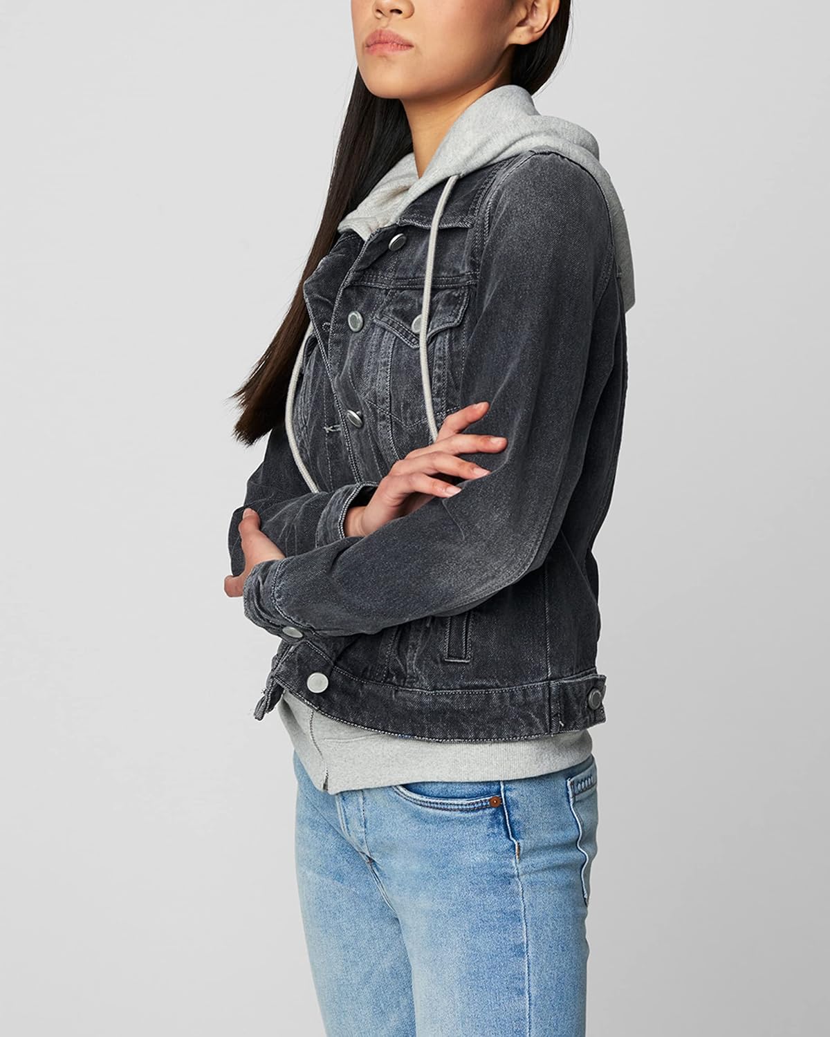 Blank NYC Trucker Denim Hooded Jacket with French Terry Sleeves