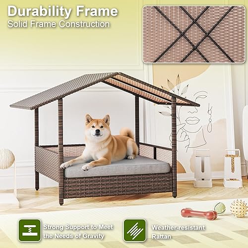 Miniatura 2 de Waleaf Casa de cama de mimbre para perros pequeños, medianos y grandes, para interiores y exteriores, casa de mascotas, cama elevada para perros con