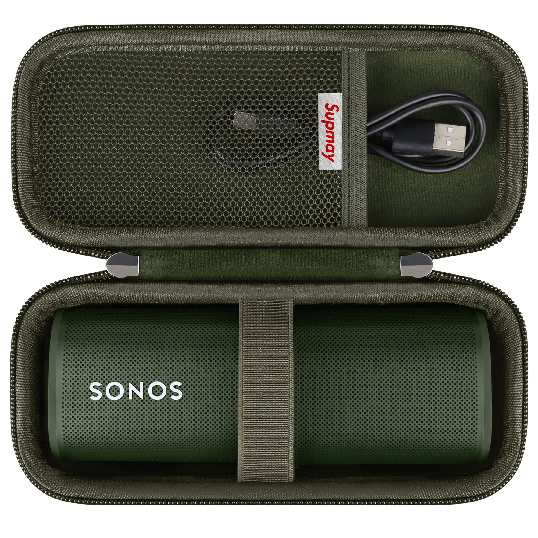 Supmay Hard Carrying Case for Sonos Roam 2/ Sonos Roam Portable Waterproof Bluetooth Speaker, Wireless Portable Speaker Protection Case with Mesh Pocket for USB-C Cable, Green