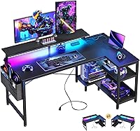 ODK 48 Inch Reversible L-Shaped Gaming Desk with LED Lights, USB Ports, Power Outlets, Storage Shelves & Monitor Stand - Black Corner Gamer Table