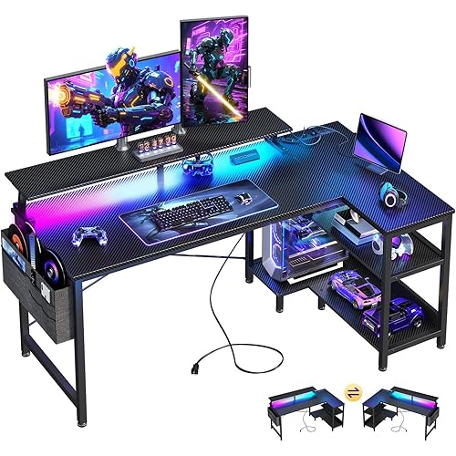 ODK 48 Inch Gaming Desk with USB Charging Ports and LED Lights, Reversible L Shaped Computer Desk with Storage Shelves & Monitor Stand, Corner Gamer Desk Table with Power Outlets, Black