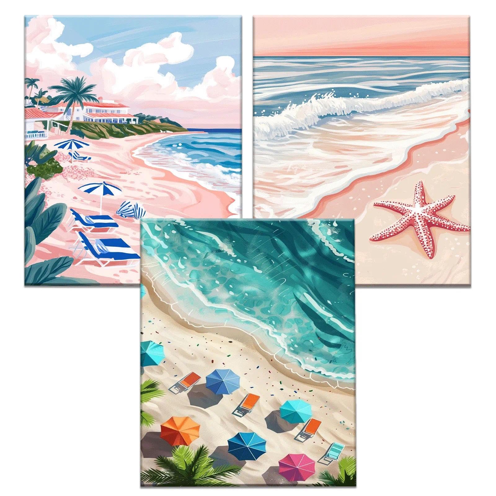 JATOK 3 Packs Paint by Number for Adults - 16x20in/40x50cm, Painting on Rolled Colored Canvas for Beginners, Easy DIY Acrylic Pigment Drawing Paintwork for Home Wall Decor, Beach (No Frame)