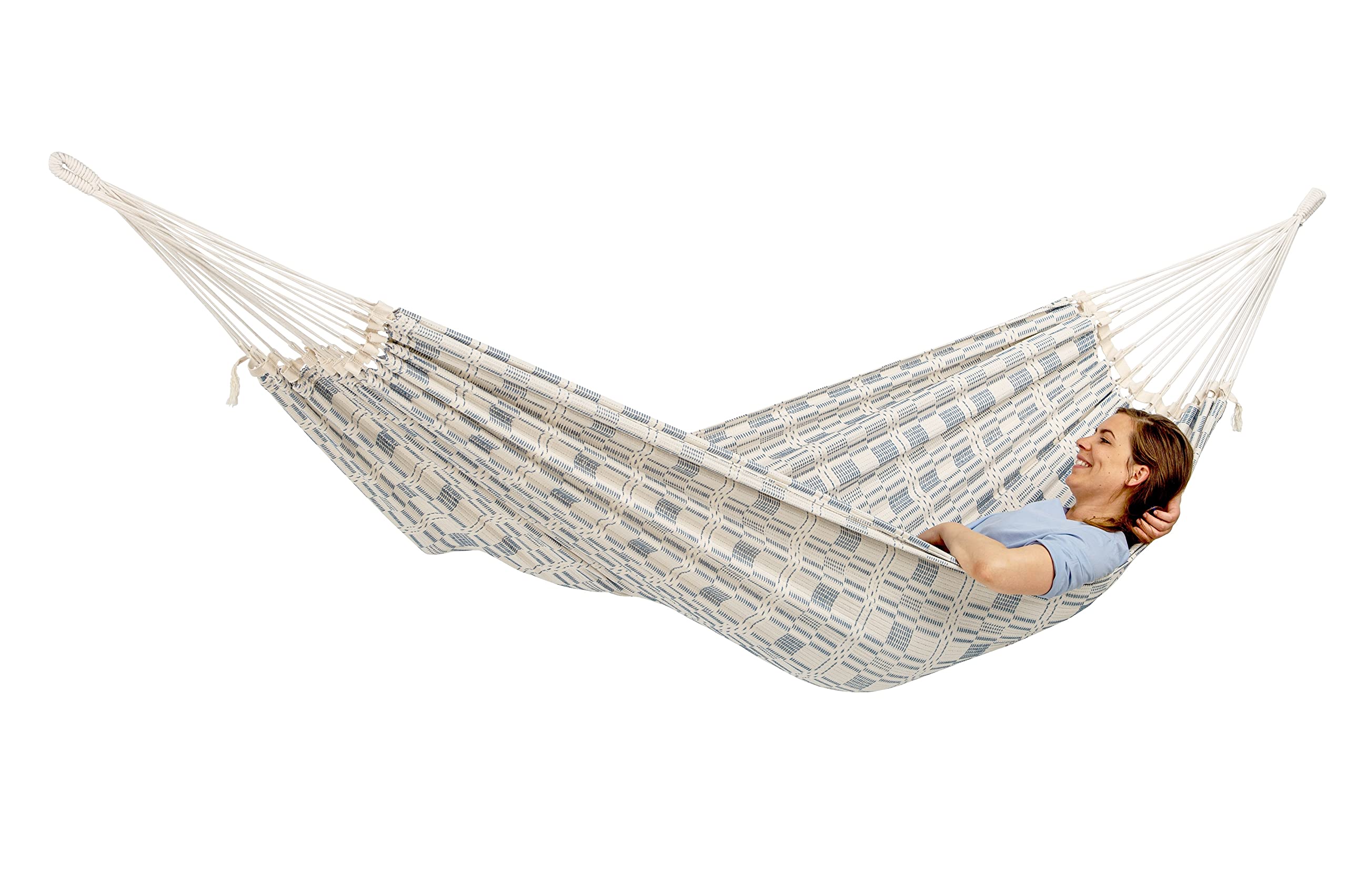 AMAZONAS Hamaca XXL Carioca Azul Jacquard Superficie de Descanso 250 x 175 cm para 2 Personas de hasta 200 kg en Color Azul Natural de algodón Reciclado Suave Muy Estable Aspecto Noble Tejido a Mano
