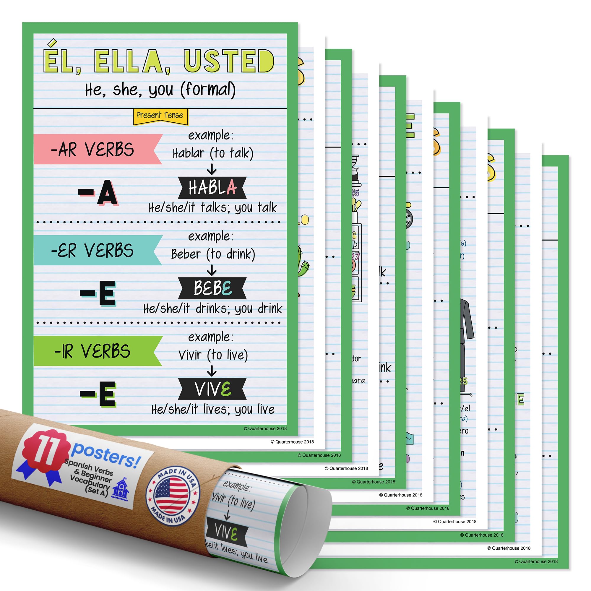 Quarterhouse 11 Poster Spanish Verbs and Beginner Vocabulary (Set A) Set, Spanish Classroom Learning Materials for Pre-K and K-12 Students and Teachers, 12 x 18 Inches, Made in USA