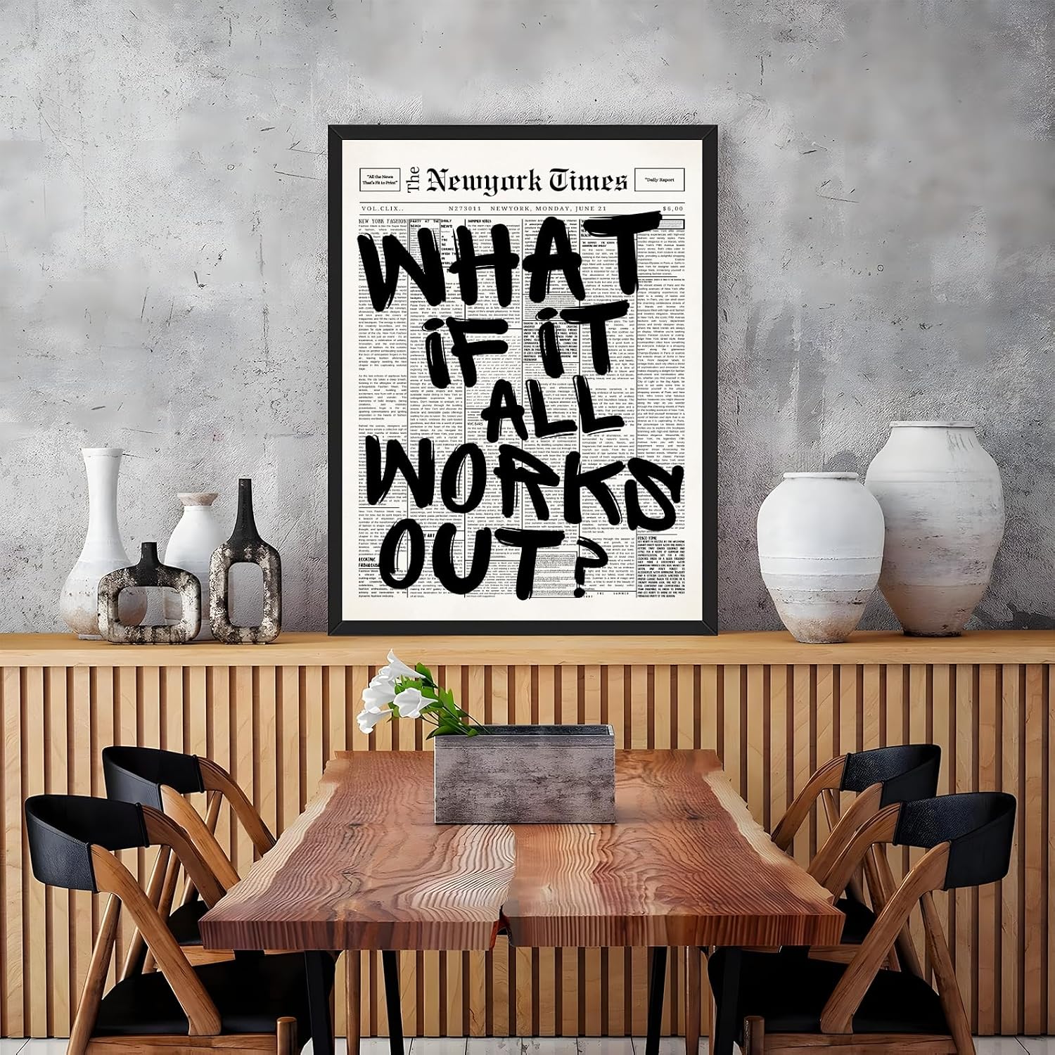 What If It All Works Out Wall Art Framed Black and White Posters Retro Newspaper Canvas Print Positive Motivational Wall Decor Inspirational Quote Affirmation Picture for Office Bedroom Dorm 8x10inch