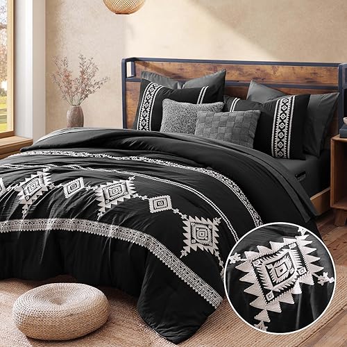 MaiRêve Embroidery Comforter Set, Boho Farmhouse Western Bedding Set, All Season Bed in A Bag Comforter Set with Sheets, Pillowcases & Shams, Black King 7 Pieces - Charcoal Black - King 7 Piece