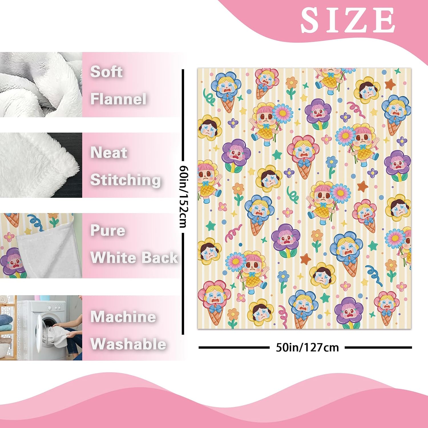 Baby Flower Flannel Throw Blanket, Cute Floral Ice Cream Gifts for Kids Girls Toddler Children, Striped Nursery Soft Blankets for Bedding Sofa 50''x60''