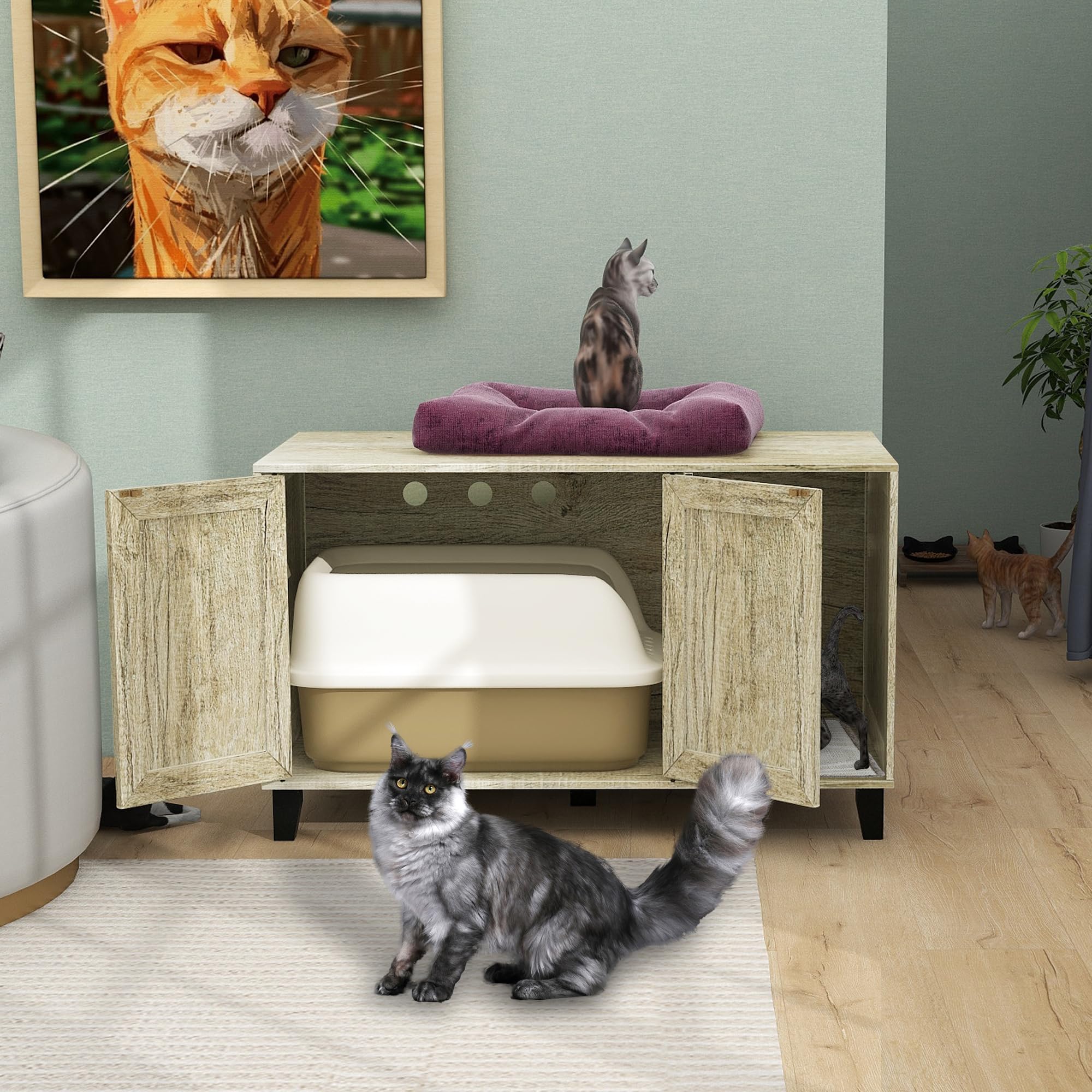 TaoHFE Hidden Cat Litter Box Enclosure Furniture with Cats Scratch Pad Farmhouse Enclosed Cat Litter Boxes Cabinet Furniture with Doors Wooden Indoor