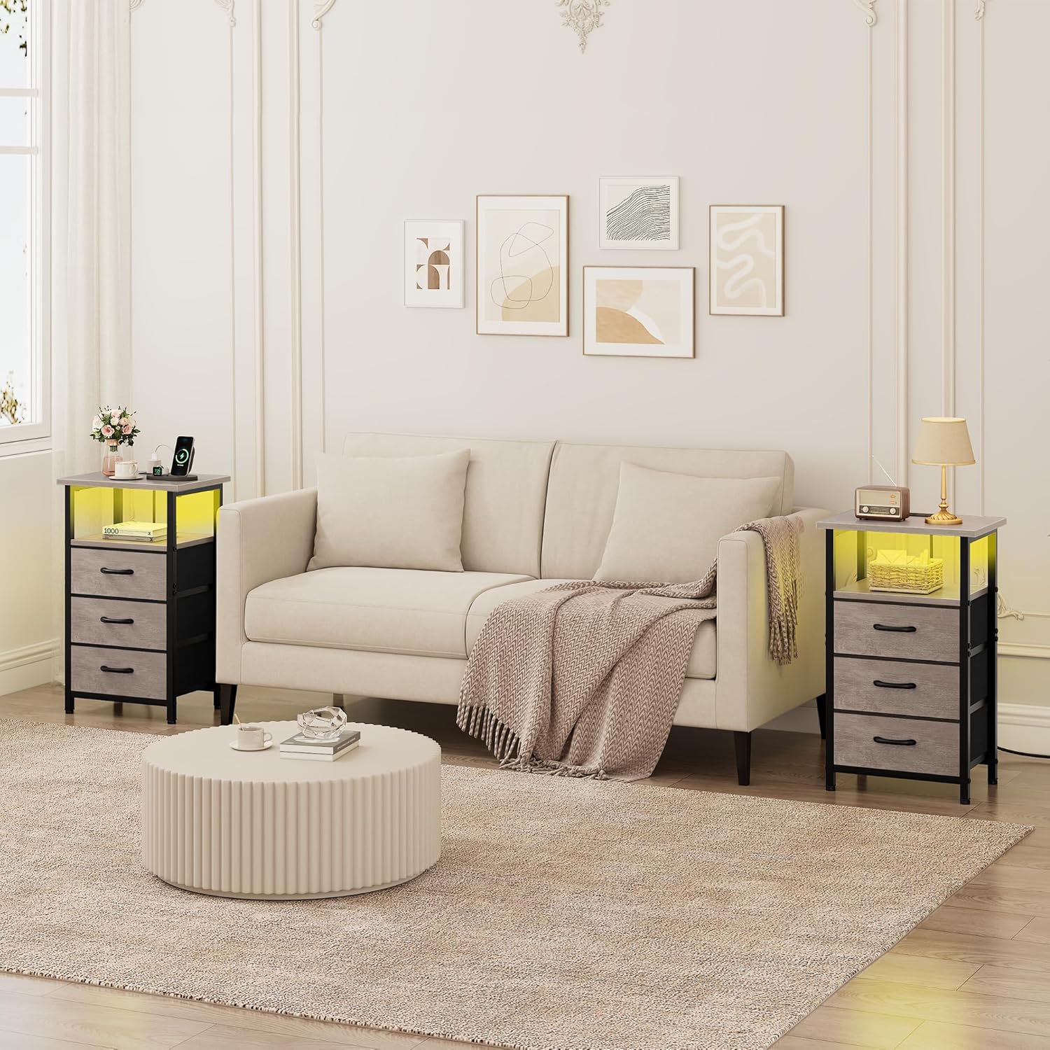 Vagusicc Night Stand Set 2 with Charging Station, LED Nightstand for Bedroom, Bedside Table with 3 Fabric Drawers, End Table Side Table with USB Ports & Outlets, Bed Side Table for Bedroom, Greige 2 Pieces With LEDs Greige