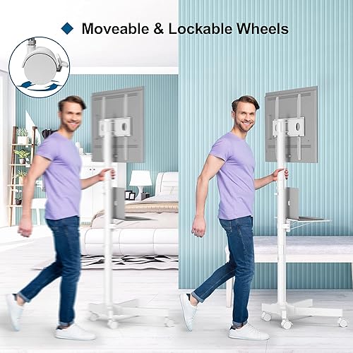 Miniatura 6 de Carrito móvil con ruedas para TV de 23 a 60 pulgadas, con pantalla plana y curvada LED, con ruedas de bloqueo, soporta hasta 55 libras, soporte