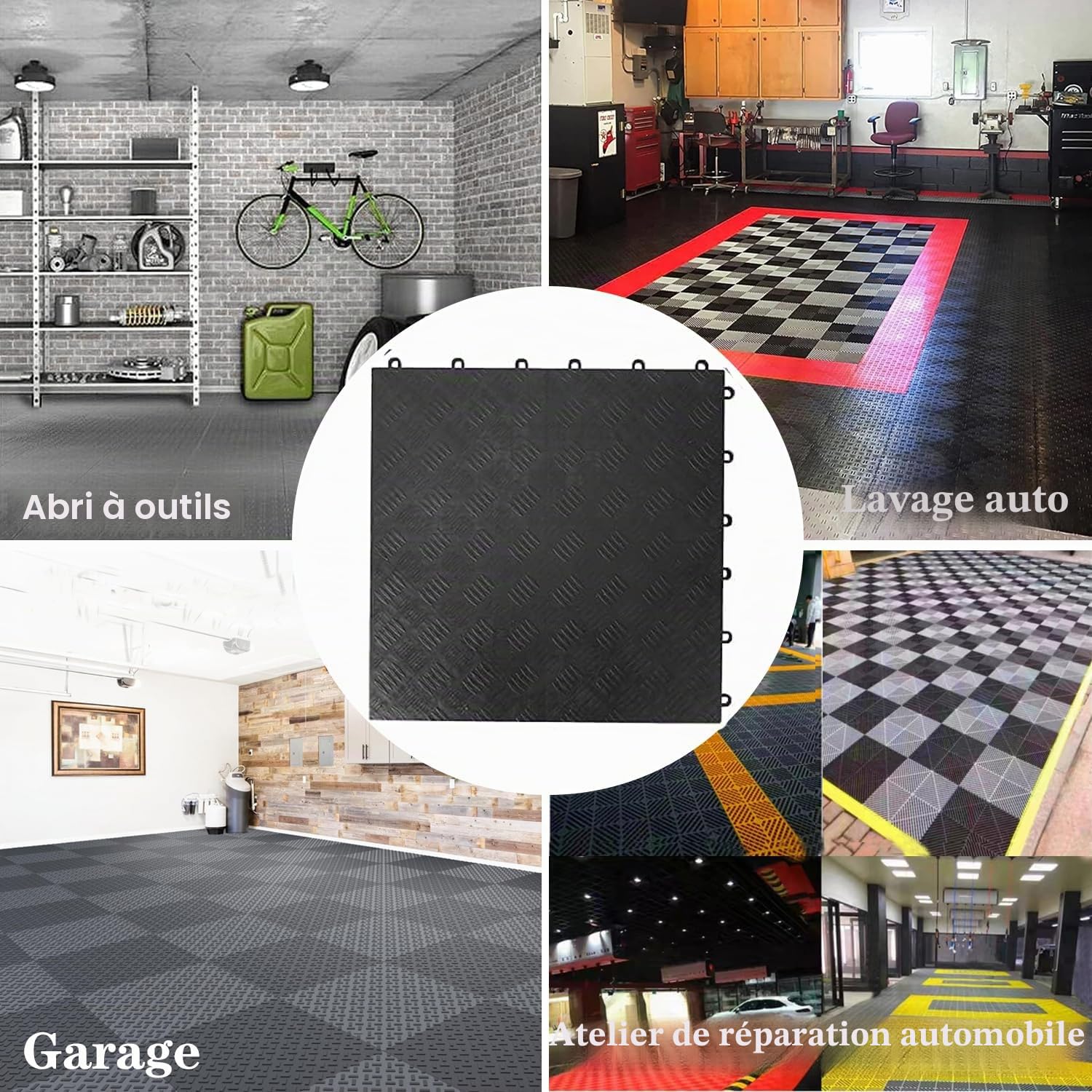 Lot de 20 dalles de sol de garage en PVC à emboîter, 40 x 40 cm, antidérapantes et résistantes, faciles à poser, design plaques de diamant, noires