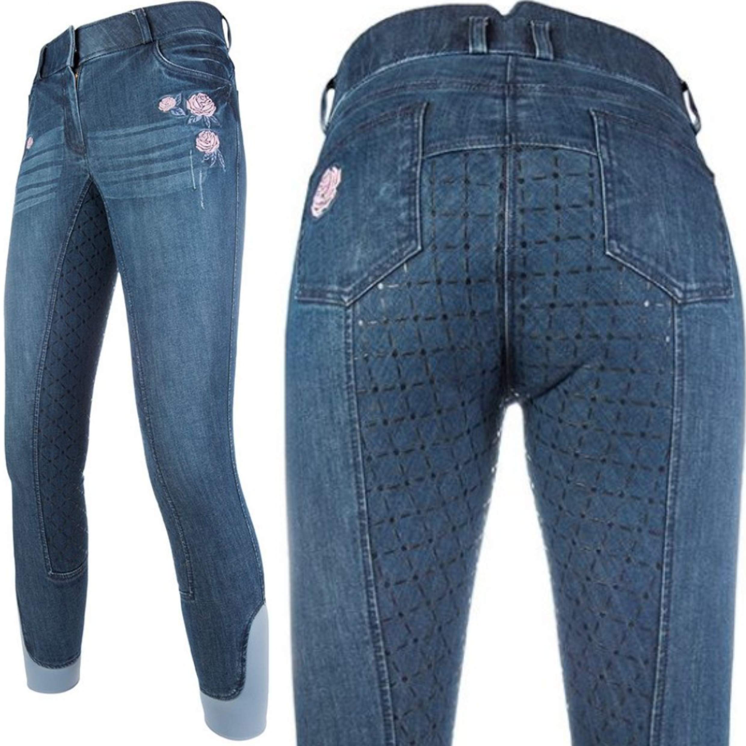 HKM - Reithose -Flower Denim- Silikon-vollbesatz6100, Pantaloni Unisex - Adulto