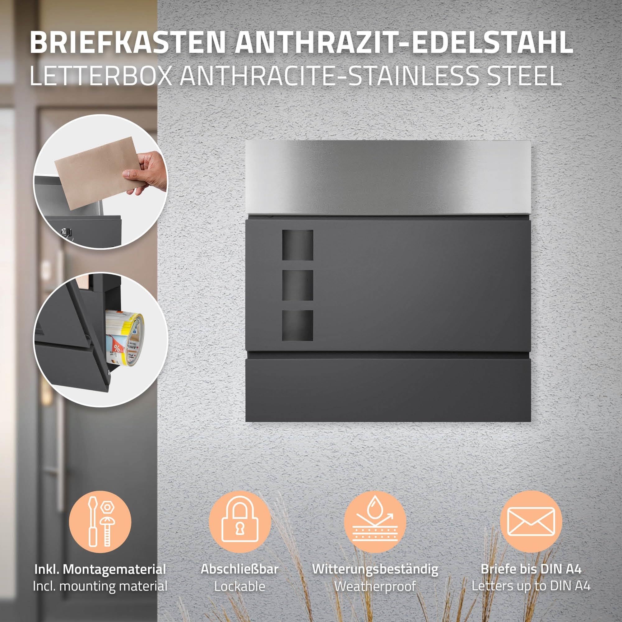 ECD Germany Buzón Correos Exterior Diseño Moderno de Pared con 3 Ventanas de Observación Compartimento para Periódicos 37x10,5x36,5 cm Acero Plata/Antracita Incl. 2 Llaves con Material de Montaje