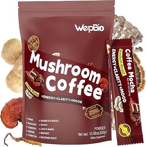 Miniatura 10 de Café de Hongos WepBio Original Negro 11 en 1 Mezcla de Hongos Adaptogénicos con Ashwagandha KSM-66, Melena de León, Reishi, Cola de Pavo Café