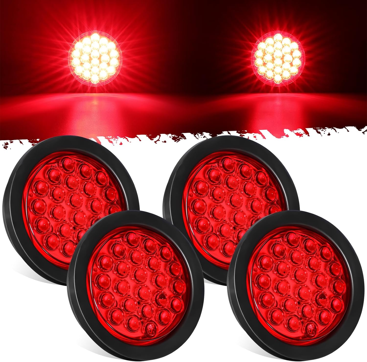 Partsam 4Pcs 4 Inch Round LED Trailer Tail Lights Red 24LEDs Waterproof 4" Brake Stop Turn Tail Marker Trailer Lights Sealed Flush Mount for Truck RV Boat UTE UTV 12V Grommet Plug Included