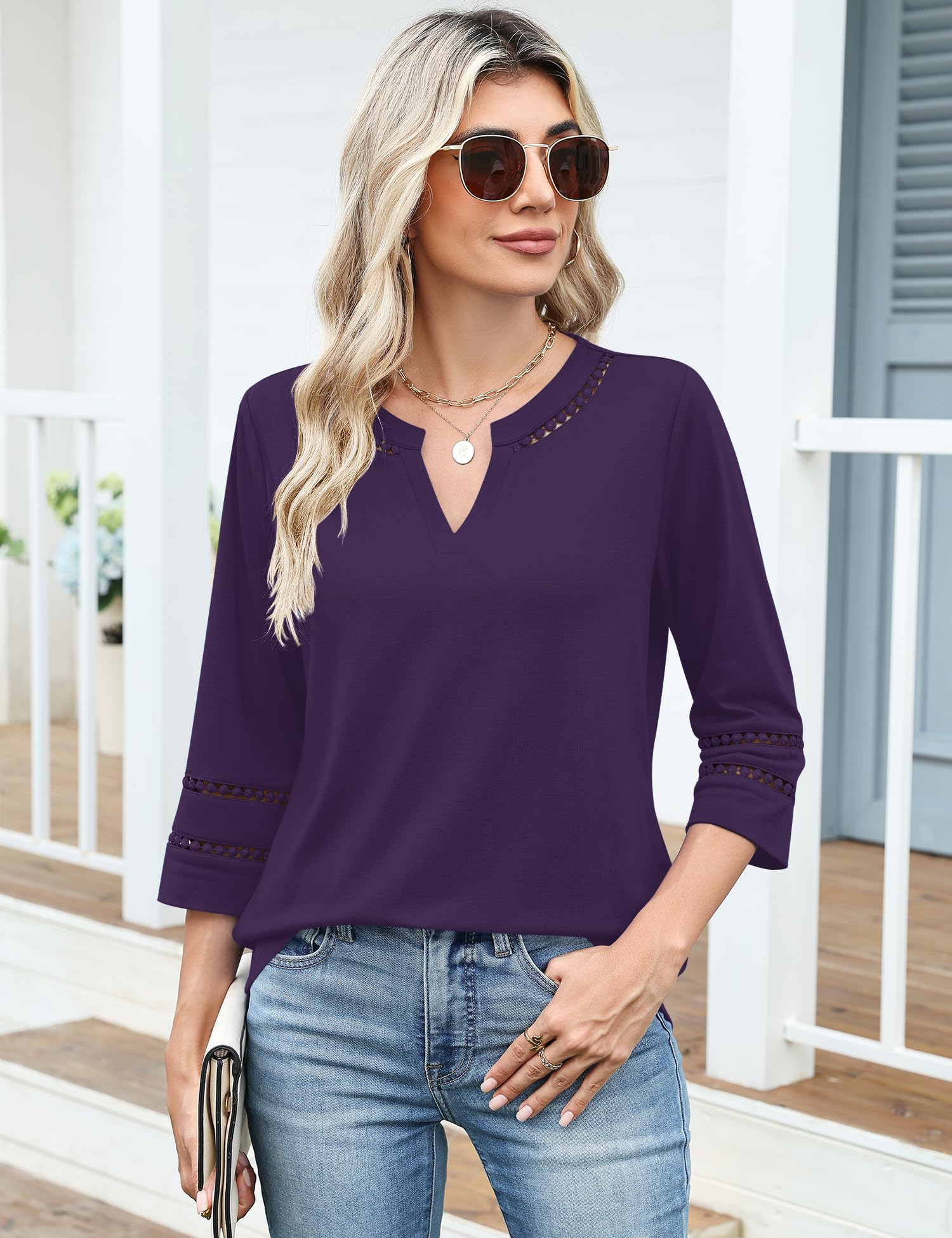Rapbin Top da donna con maniche a 3/4, scollo a V, in pizzo, ricamato, per primavera ed estate, stile casual