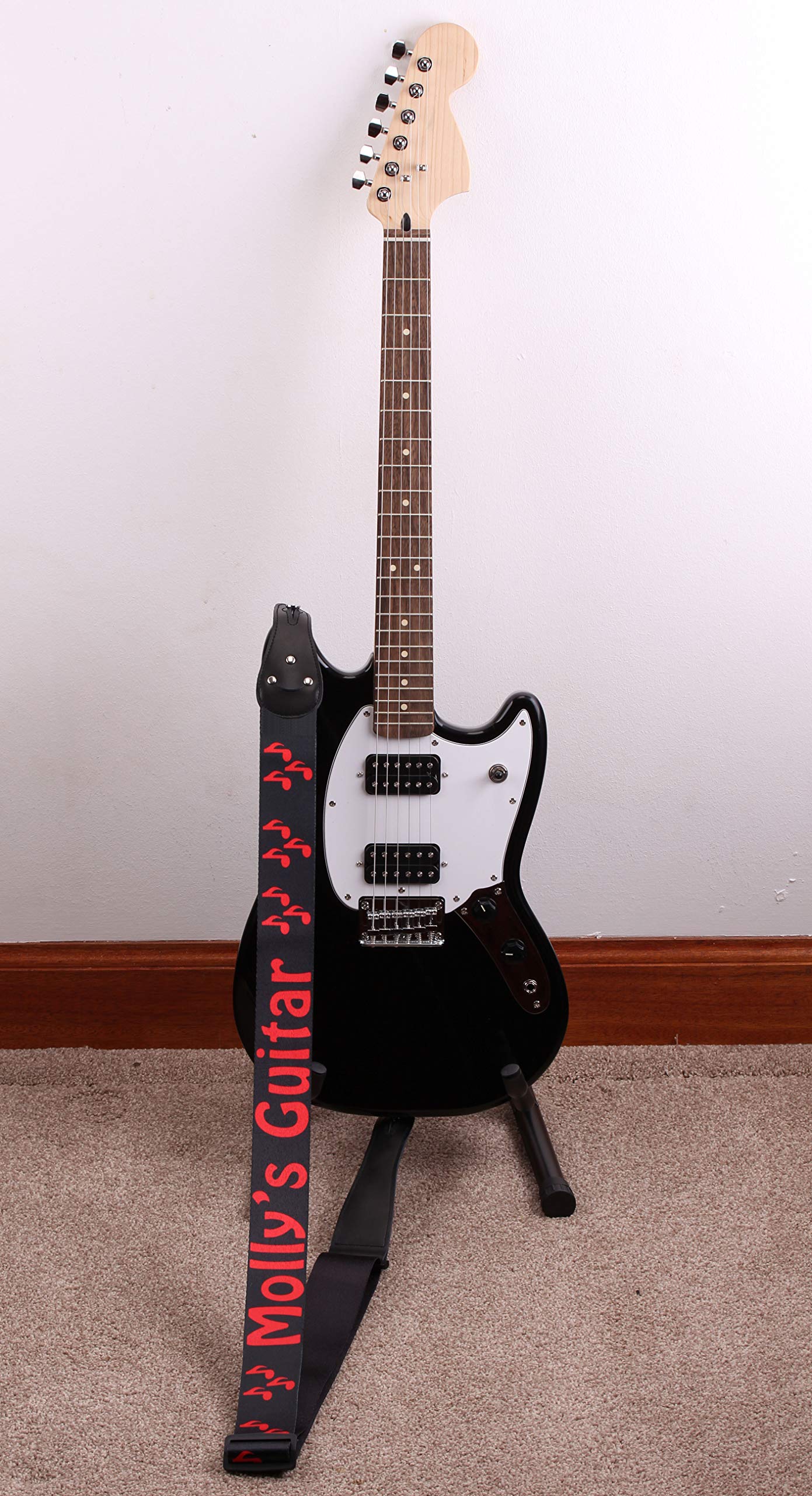 Tracolla per chitarra, personalizzabile con qualsiasi testo a scelta di colori, carattere e motivo [nome della fascia, dedica preferita o frase] estremità in pelle, cravatta e porta plettri.
